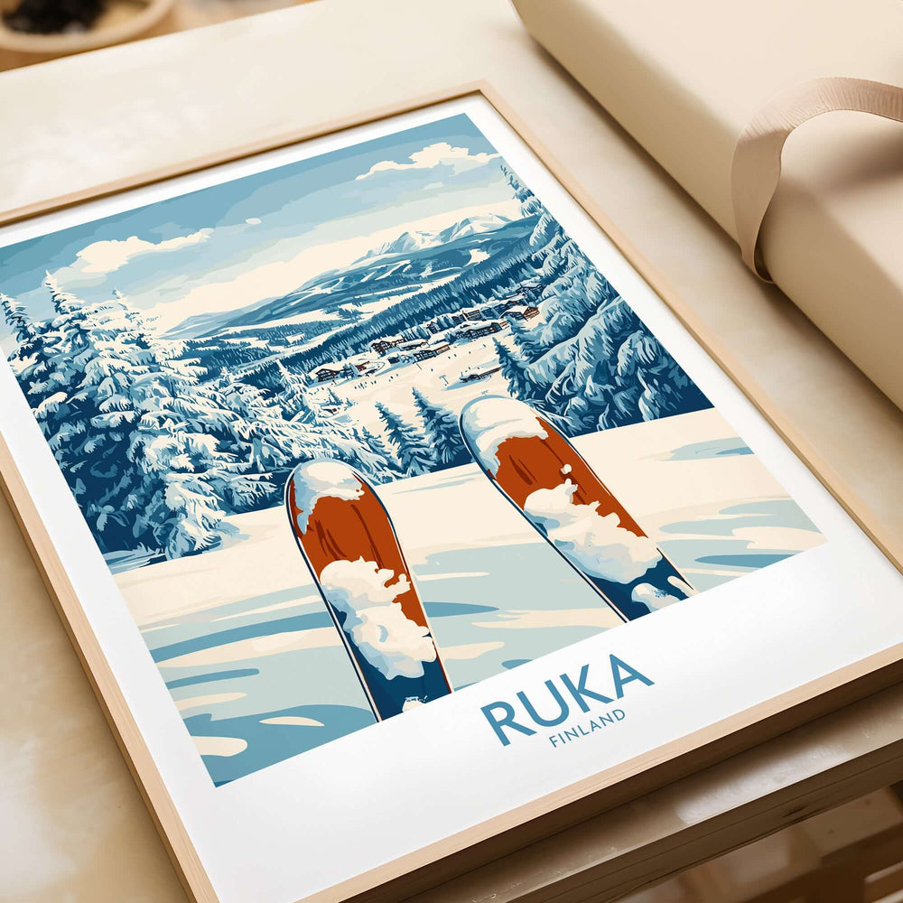 Ruka Ski Wall Art Print featuring vibrant skiing landscape, snowy mountains, and ski equipment, perfect for adventure lovers.