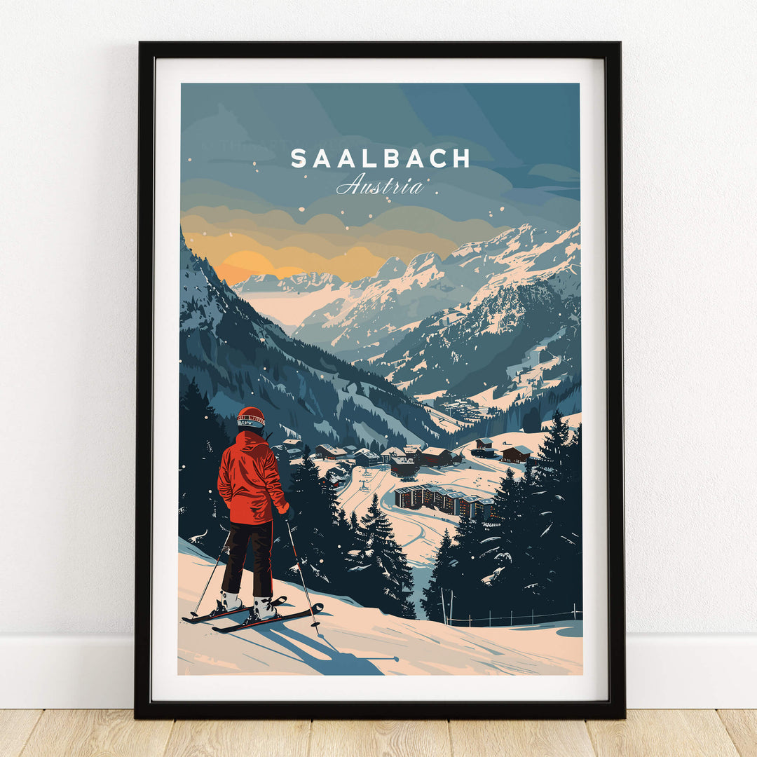 Saalbach Travel Poster - Austria featuring a skier overlooking stunning mountain views