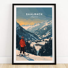 Saalbach Travel Poster - Austria featuring a skier overlooking stunning mountain views