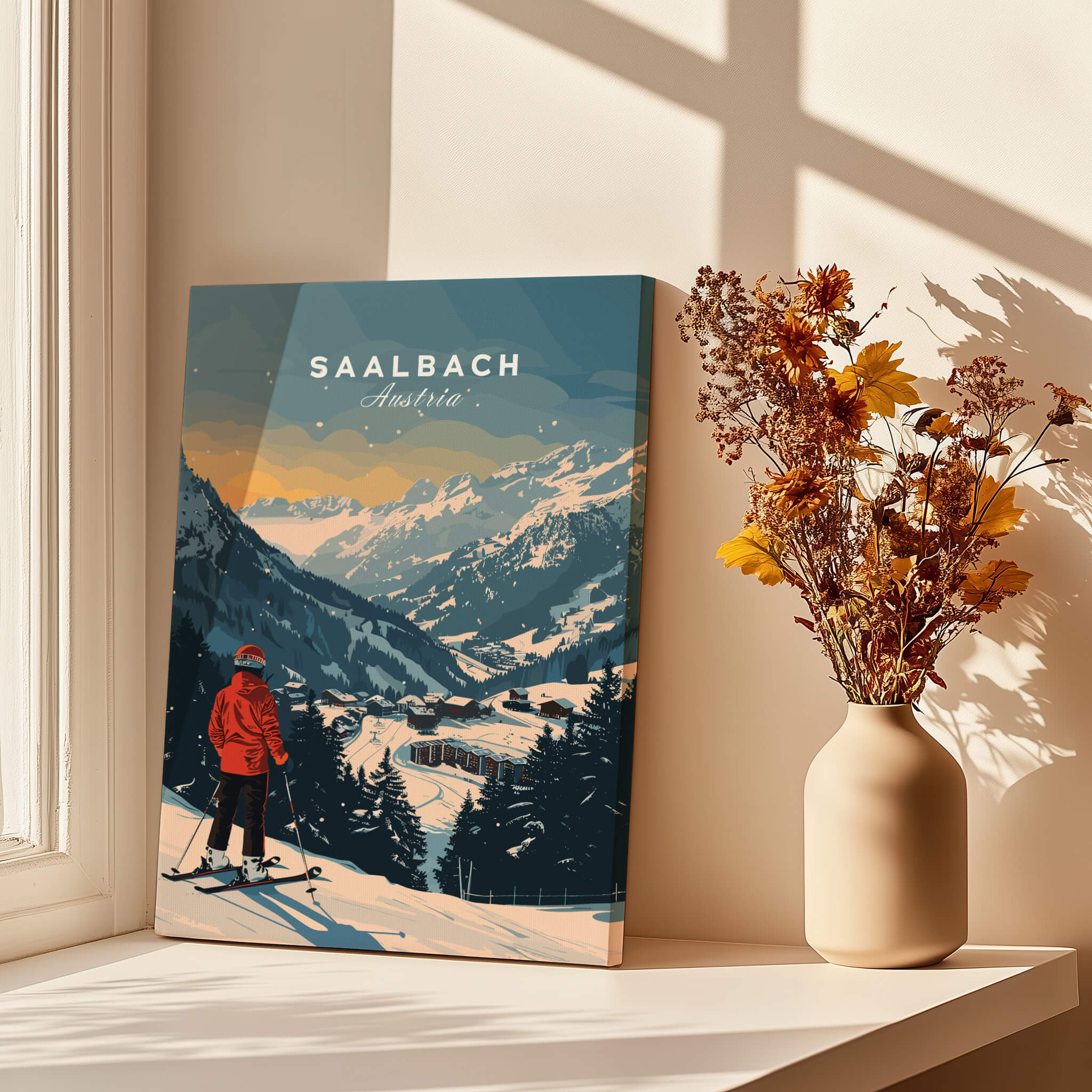 Saalbach Travel Poster - Austria displayed on a light-filled window sill with flowers.