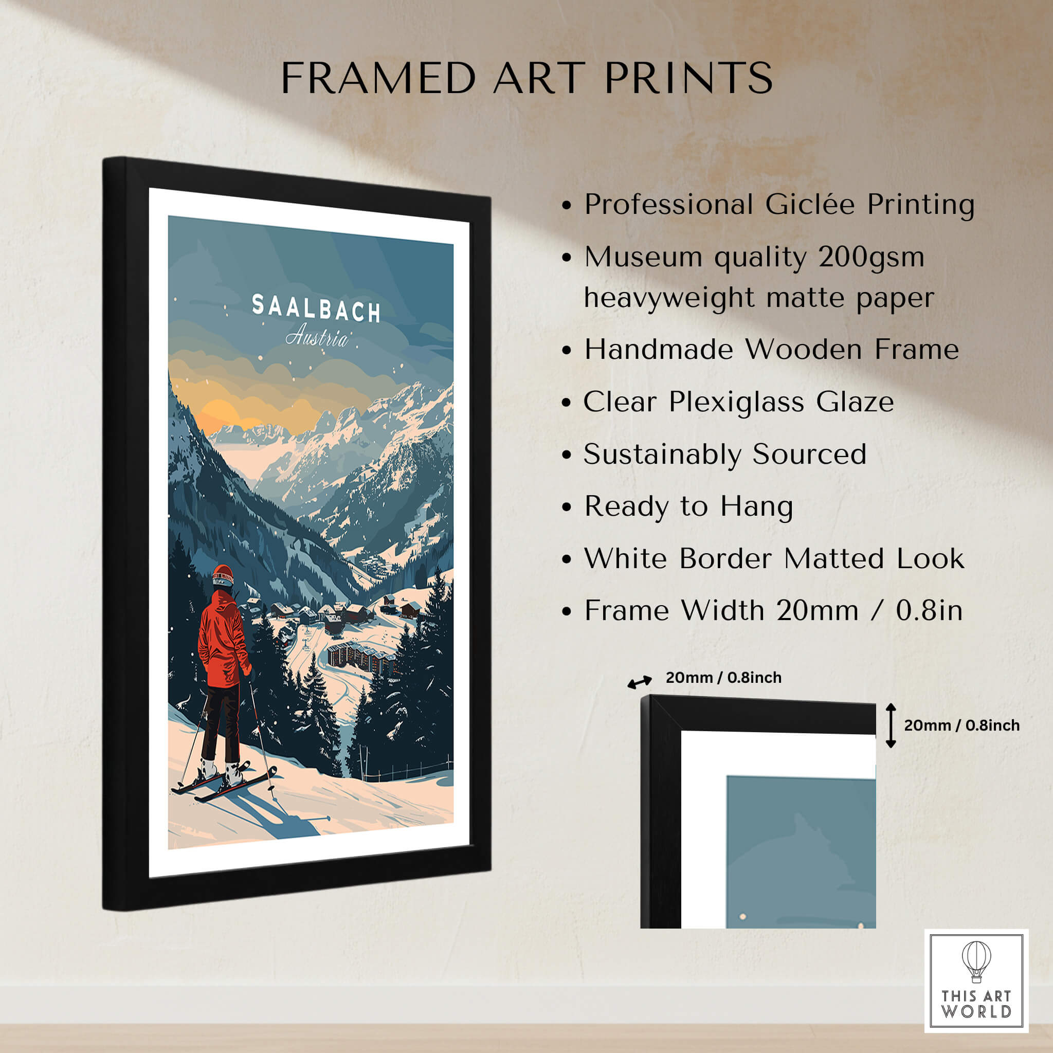 Saalbach Travel Poster - Austria framed art print showcasing scenic ski landscape and professional giclée printing.