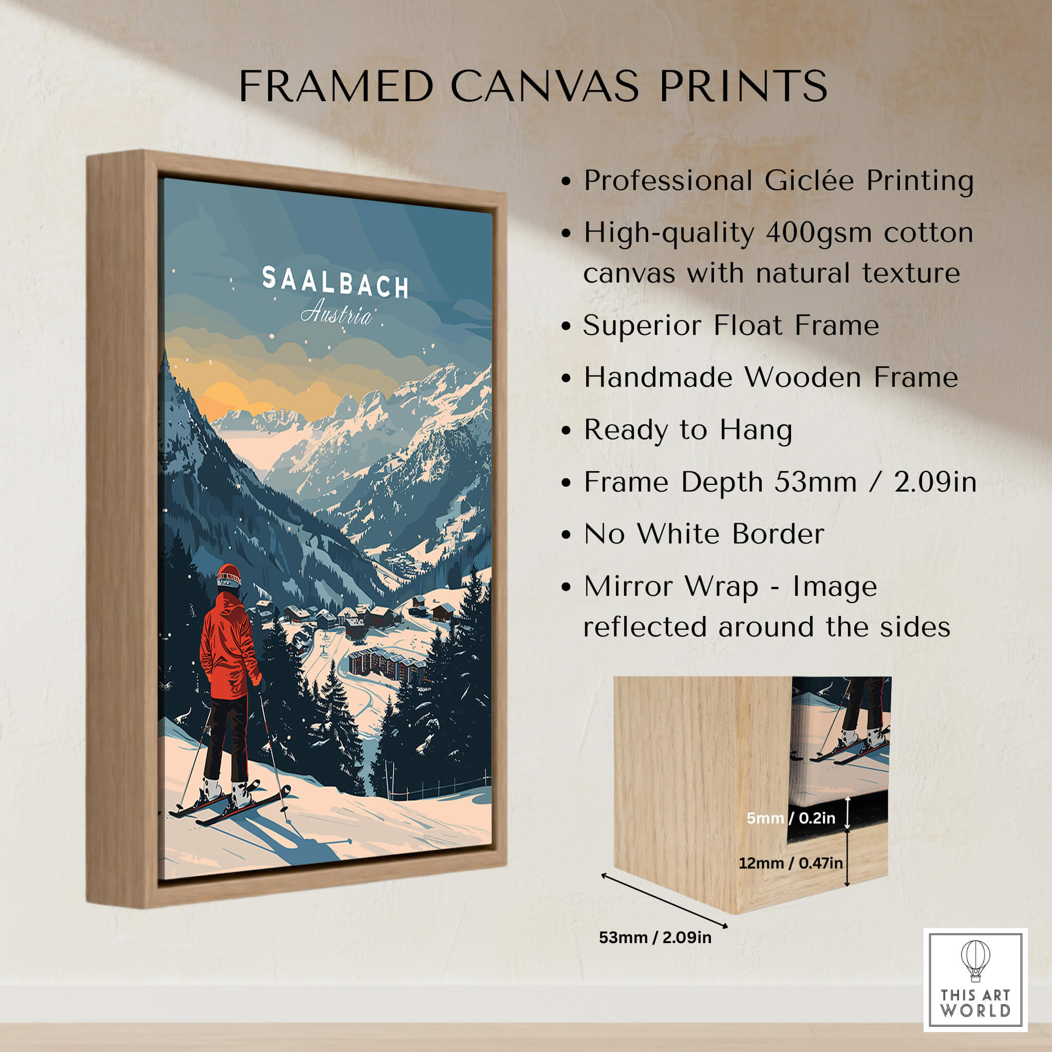 Saalbach Travel Poster - Austria framed canvas print showcasing beautiful ski scenery and handmade wooden frame.