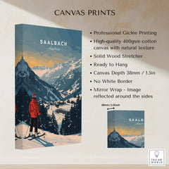 Saalbach Travel Poster - Austria featuring a snowy mountain landscape and skier, high-quality giclée print.
