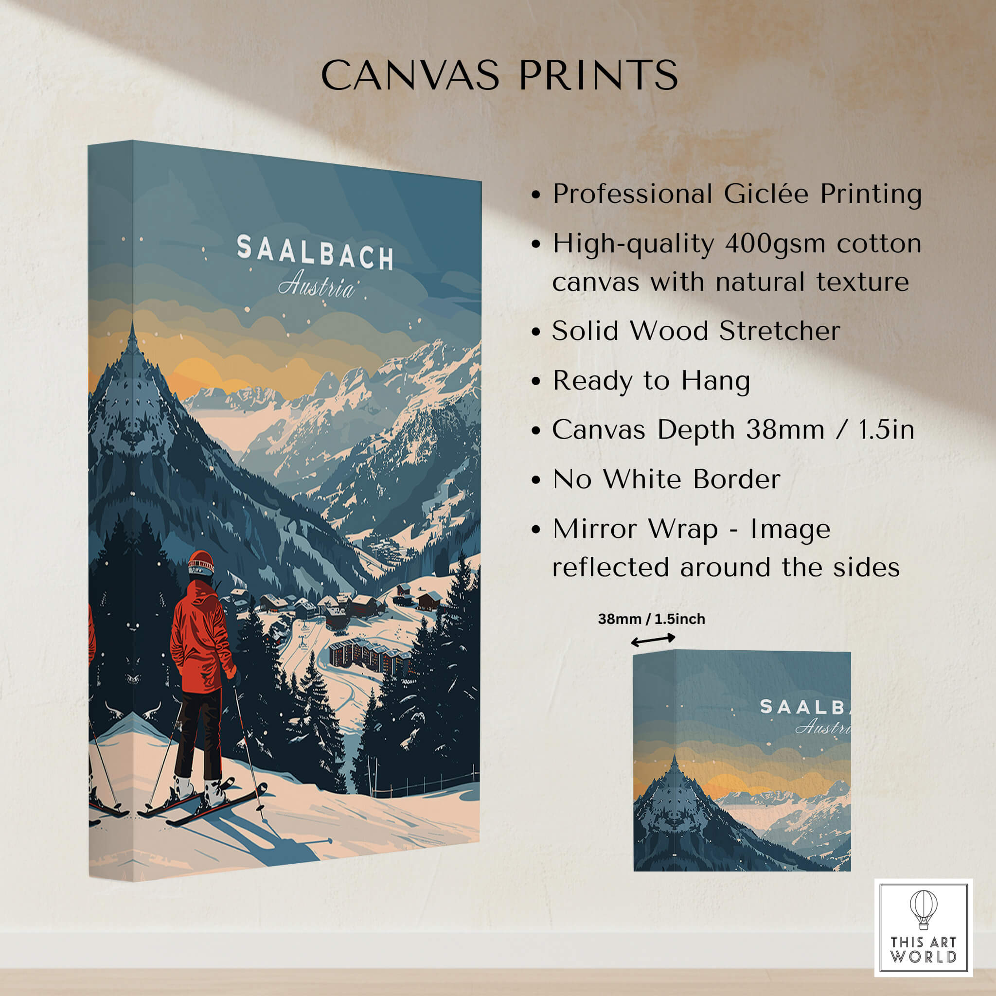 Saalbach Travel Poster - Austria featuring a snowy mountain landscape and skier, high-quality giclée print.