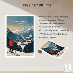 Saalbach Travel Poster - Austria featuring a skier in a snowy mountain landscape, perfect for travel decor.