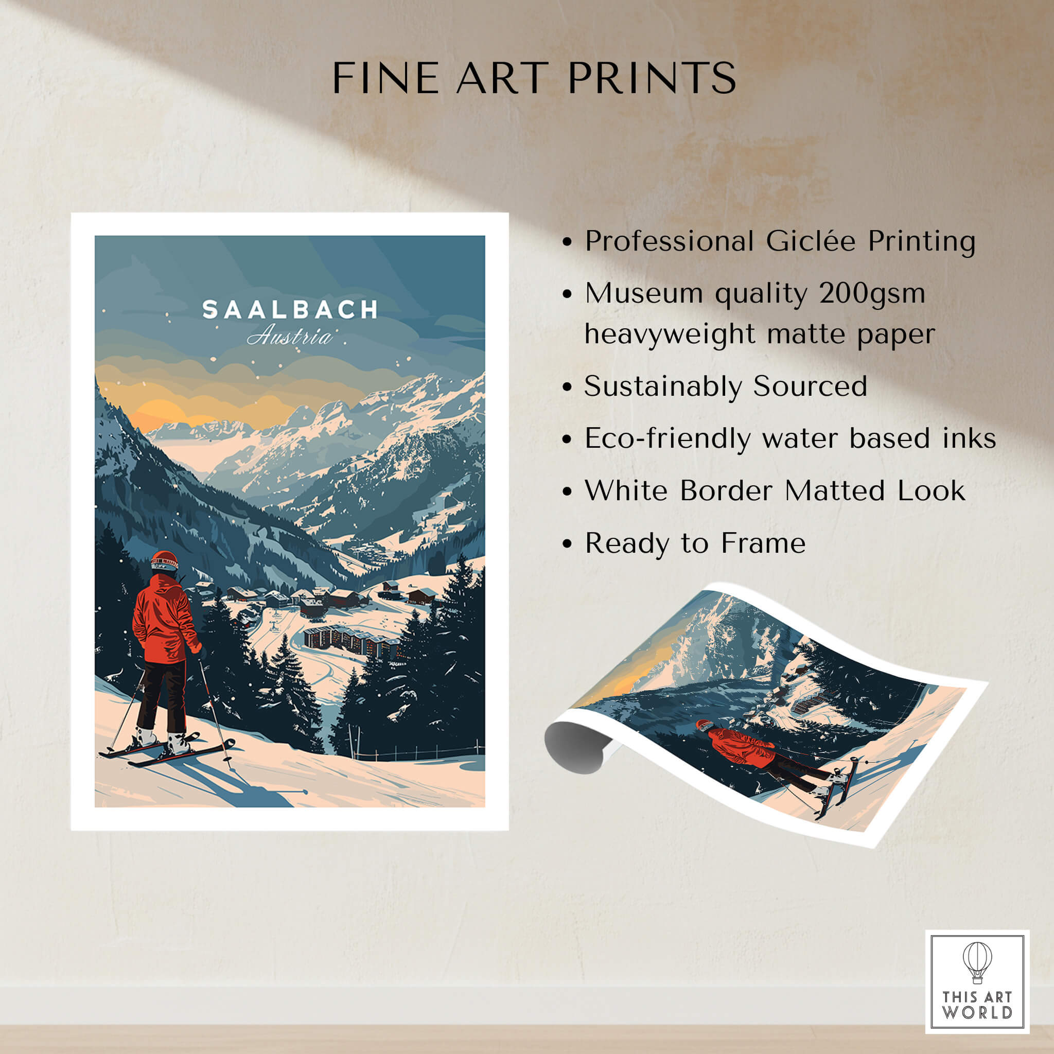 Saalbach Travel Poster - Austria featuring a skier in a snowy mountain landscape, perfect for travel decor.