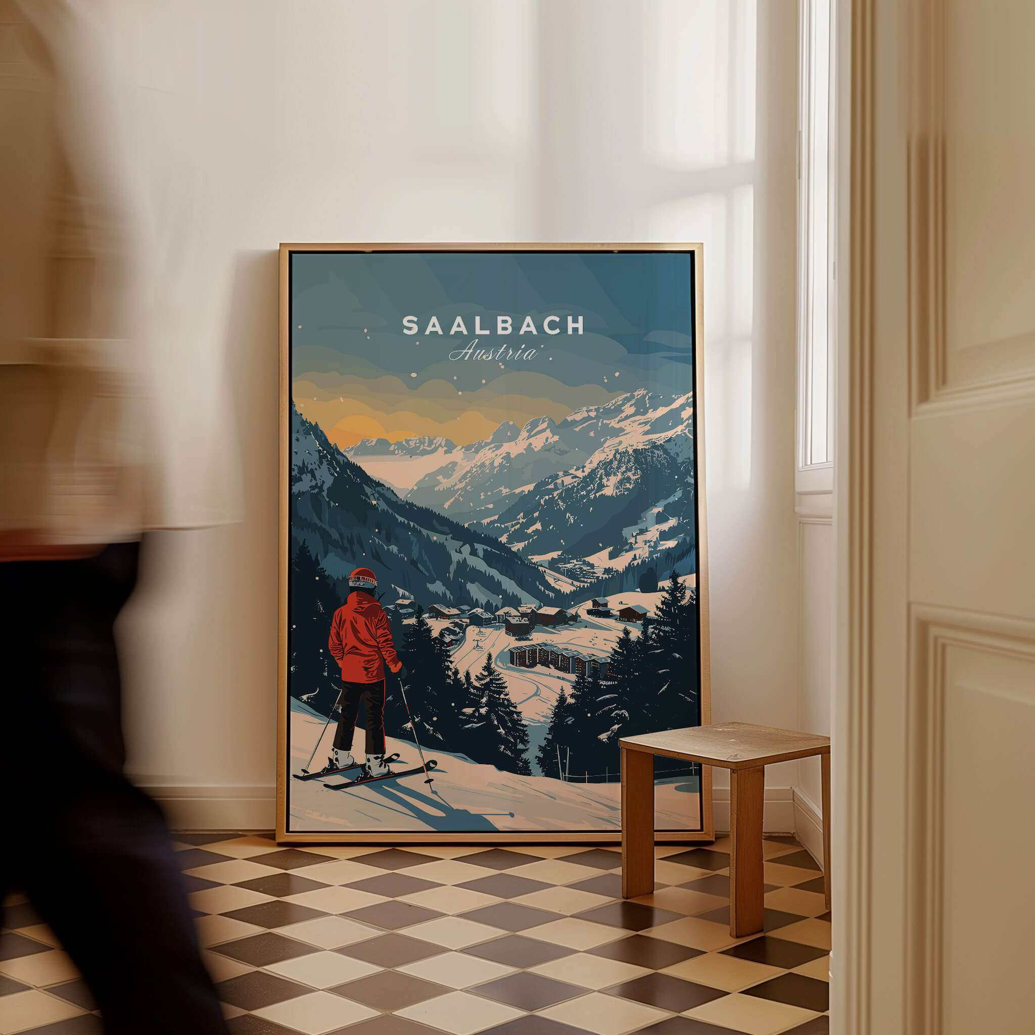 Saalbach Travel Poster - Austria featuring a skier overlooking the stunning Saalbach mountains.