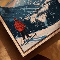 Saalbach Travel Poster - Austria featuring skier on snowy mountain with stunning landscape backdrop.