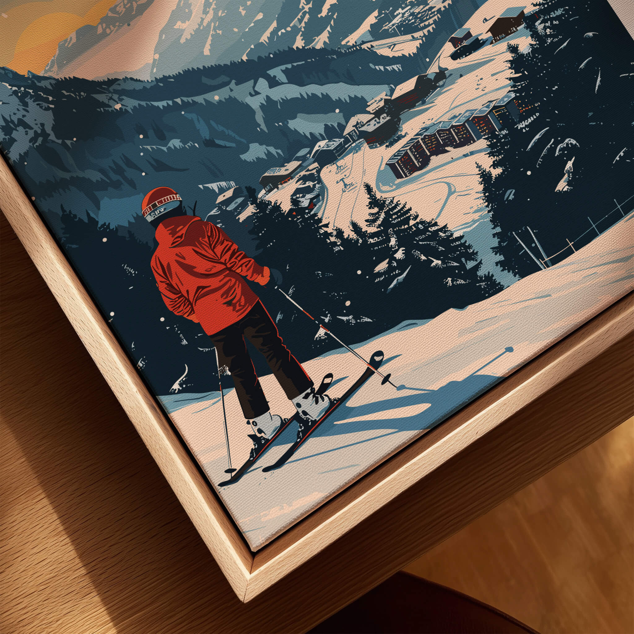 Saalbach Travel Poster - Austria featuring skier on snowy mountain with stunning landscape backdrop.