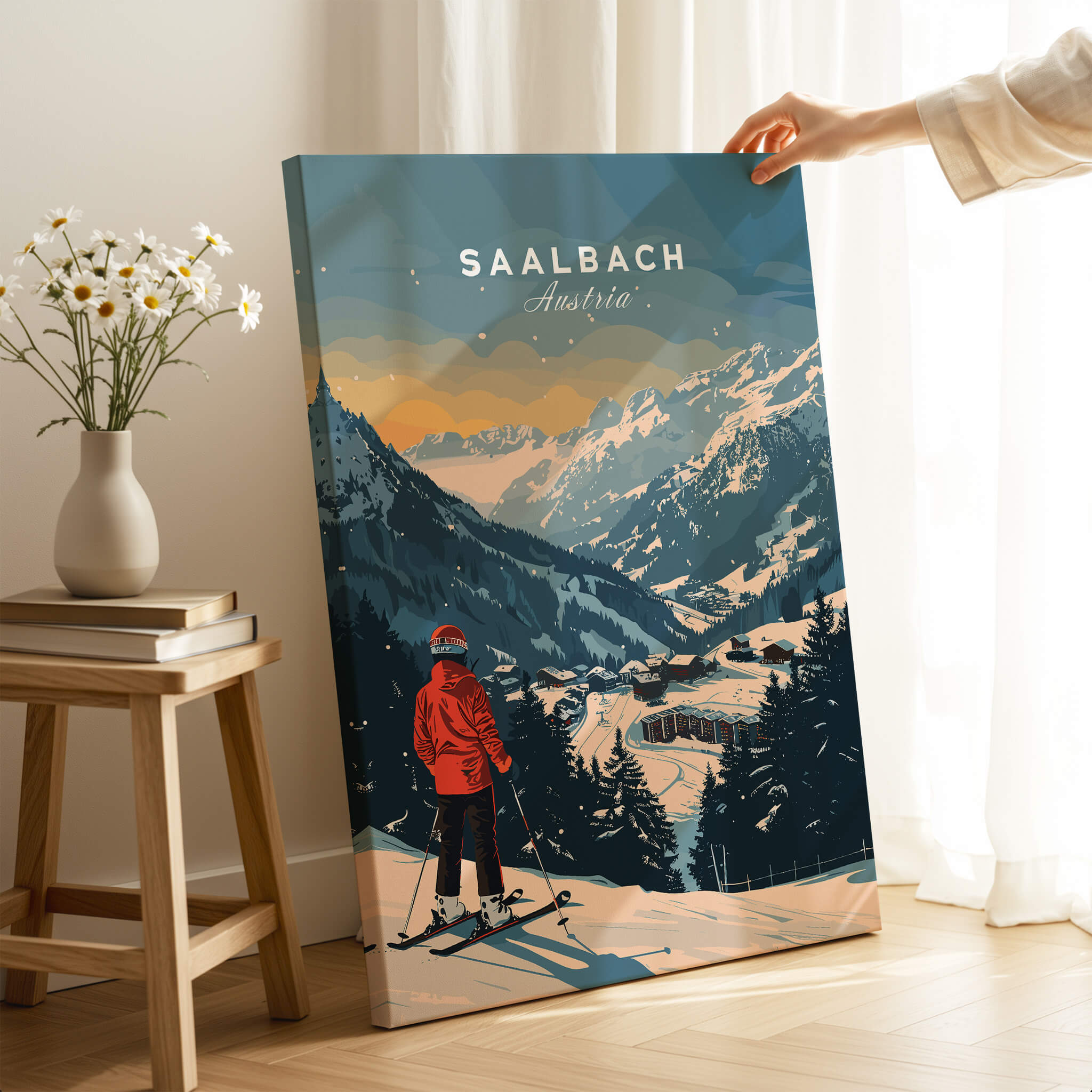 Saalbach Travel Poster - Austria featuring a skier overlooking snowy mountains and a picturesque town.