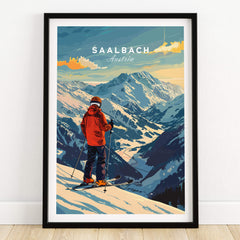 Saalbach Ski Poster- Austria featuring a skier overlooking the picturesque mountains in Saalbach, Austria.