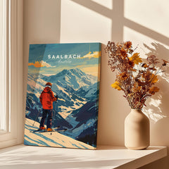 Saalbach Ski Poster- Austria featuring a skier in the beautiful Austrian Alps, perfect ski wall art.