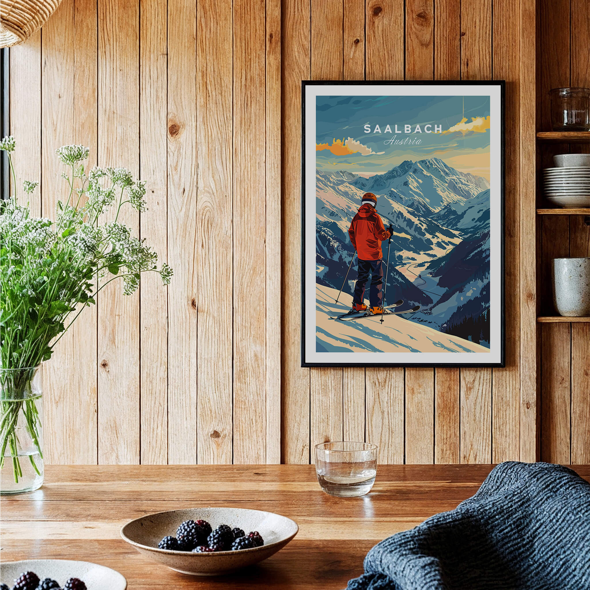 Saalbach Ski Poster- Austria displayed in a cozy interior, showcasing stunning mountain views and ski culture.
