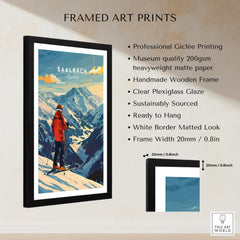 Saalbach Ski Poster- Austria framed art print featuring stunning mountain scenery and skier.
