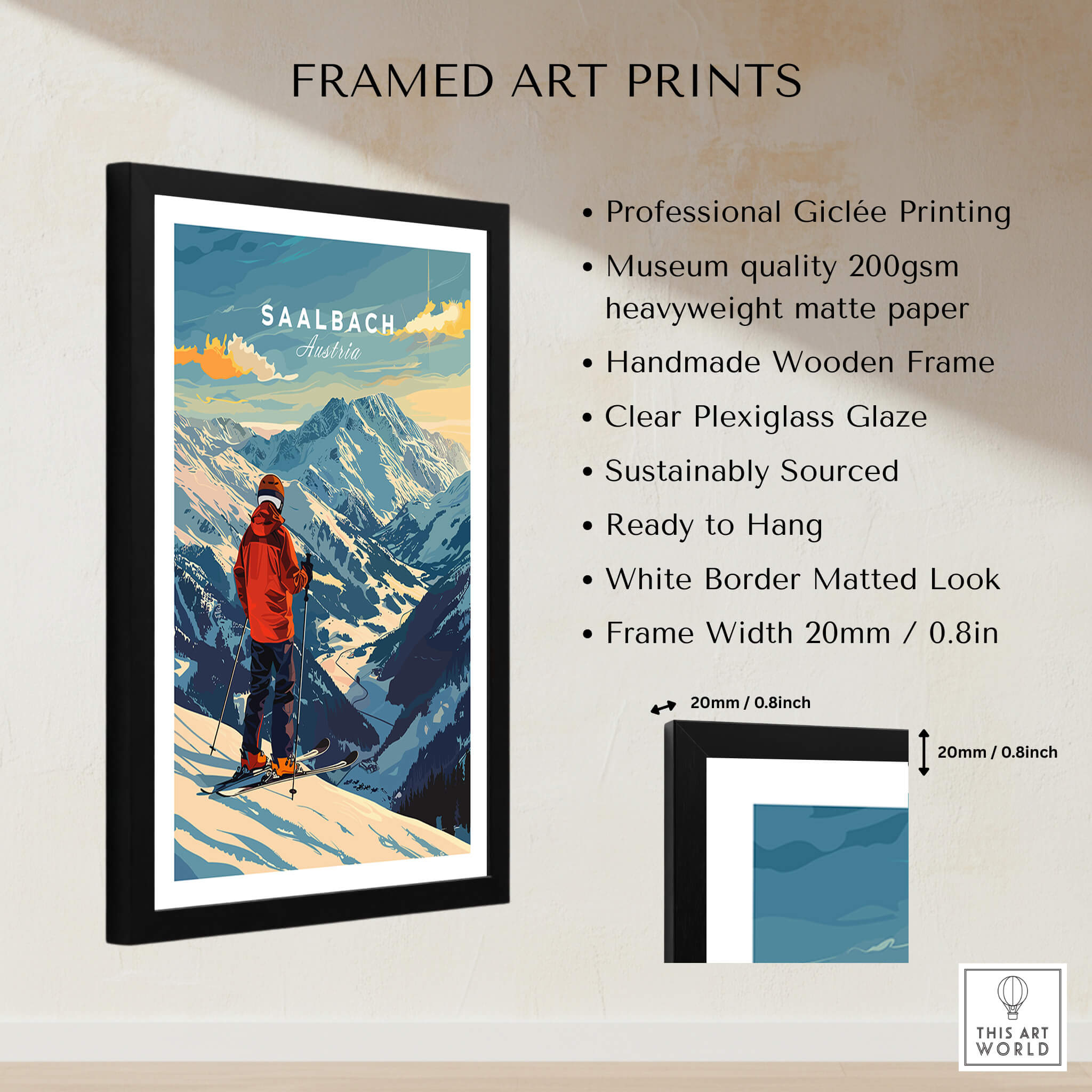 Saalbach Ski Poster- Austria framed art print featuring stunning mountain scenery and skier.