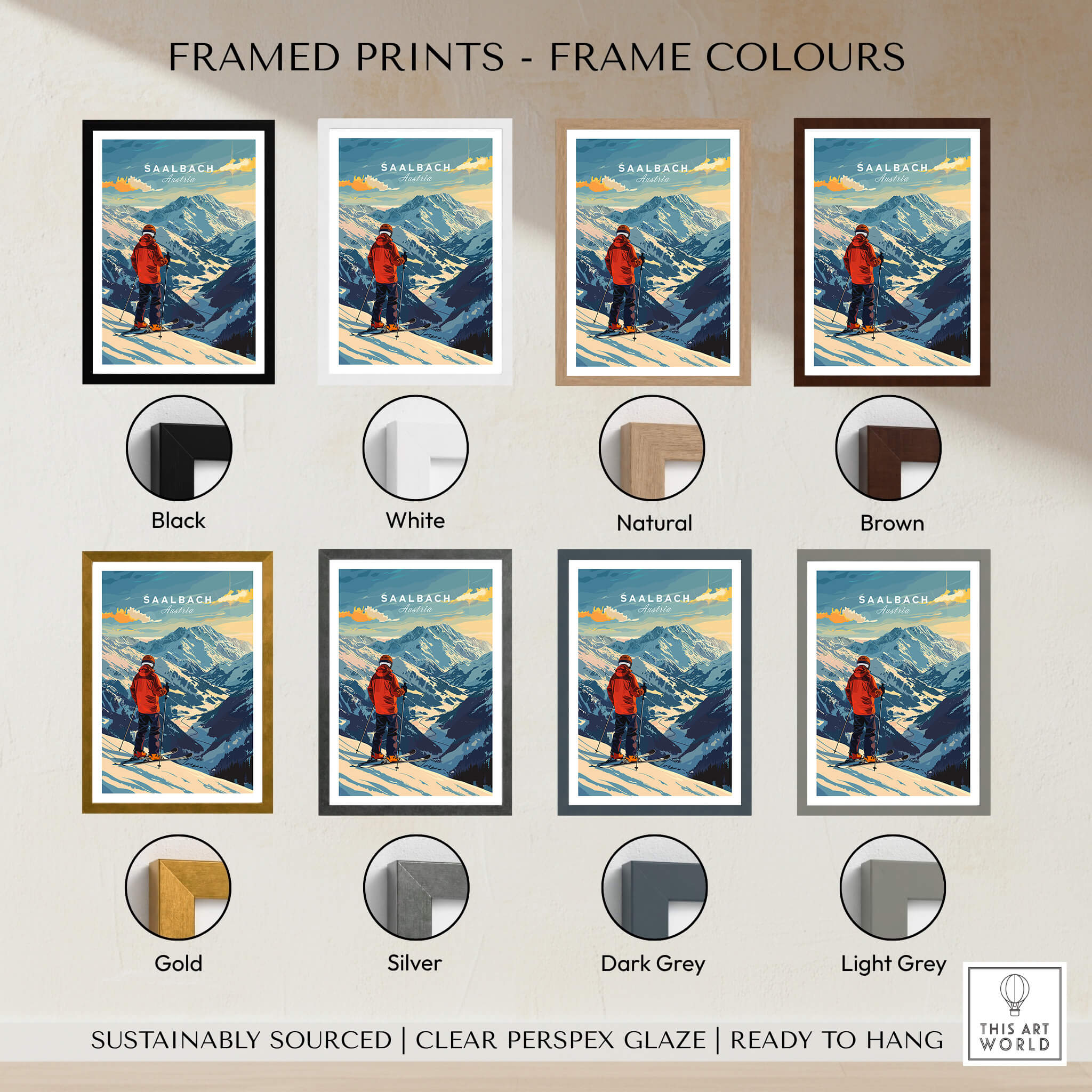Framed Saalbach Ski Poster- Austria options showcasing various frame colors including black, white, natural, and brown.