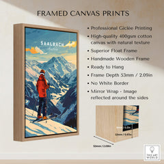 Saalbach Ski Poster- Austria framed canvas print showcasing professional Giclée printing and scenic mountain design.