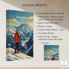 Saalbach Ski Poster- Austria, showcasing stunning ski art, professional Giclée printing on high-quality canvas.