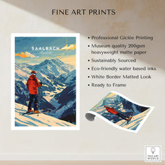 Saalbach Ski Poster- Austria showcasing skier against stunning mountain backdrop, perfect for ski enthusiasts.