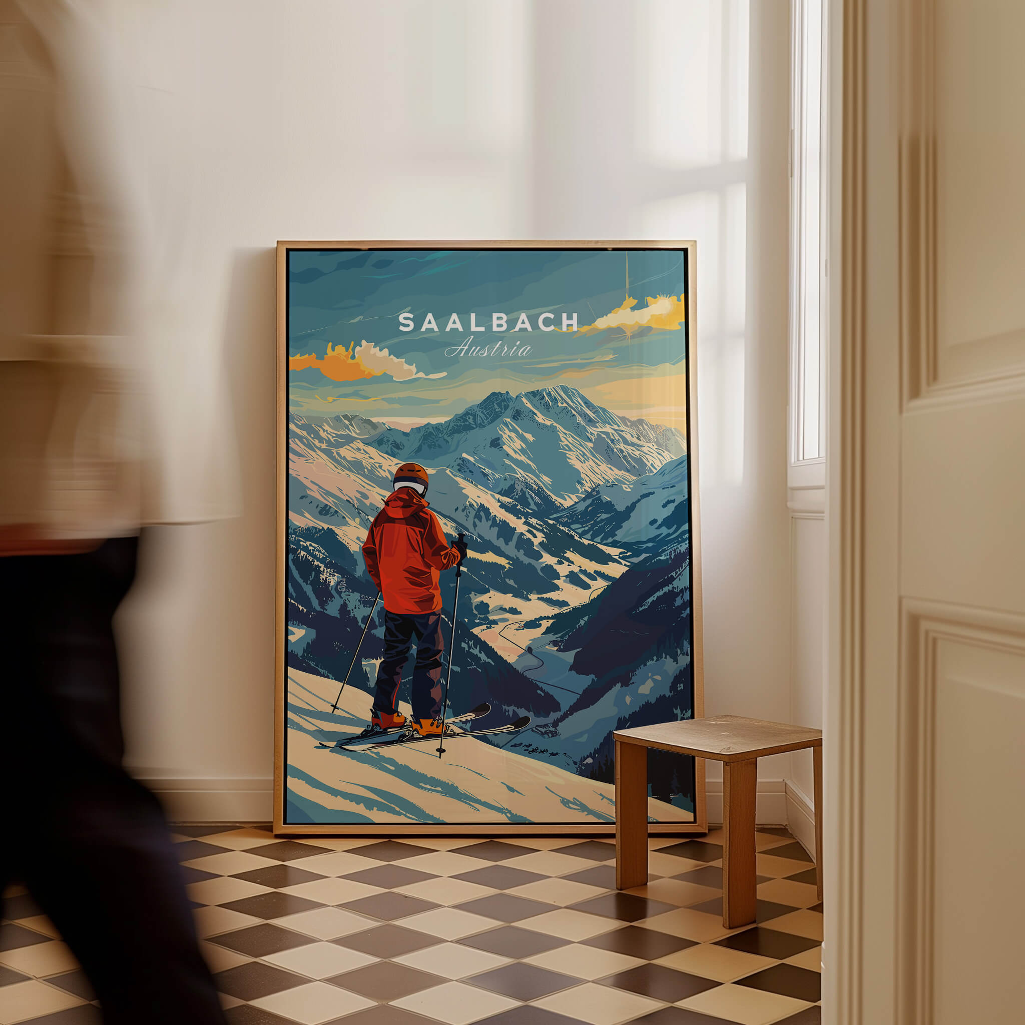 Saalbach Ski Poster- Austria displayed in a stylish interior, showcasing the beauty of Austria's ski slopes.