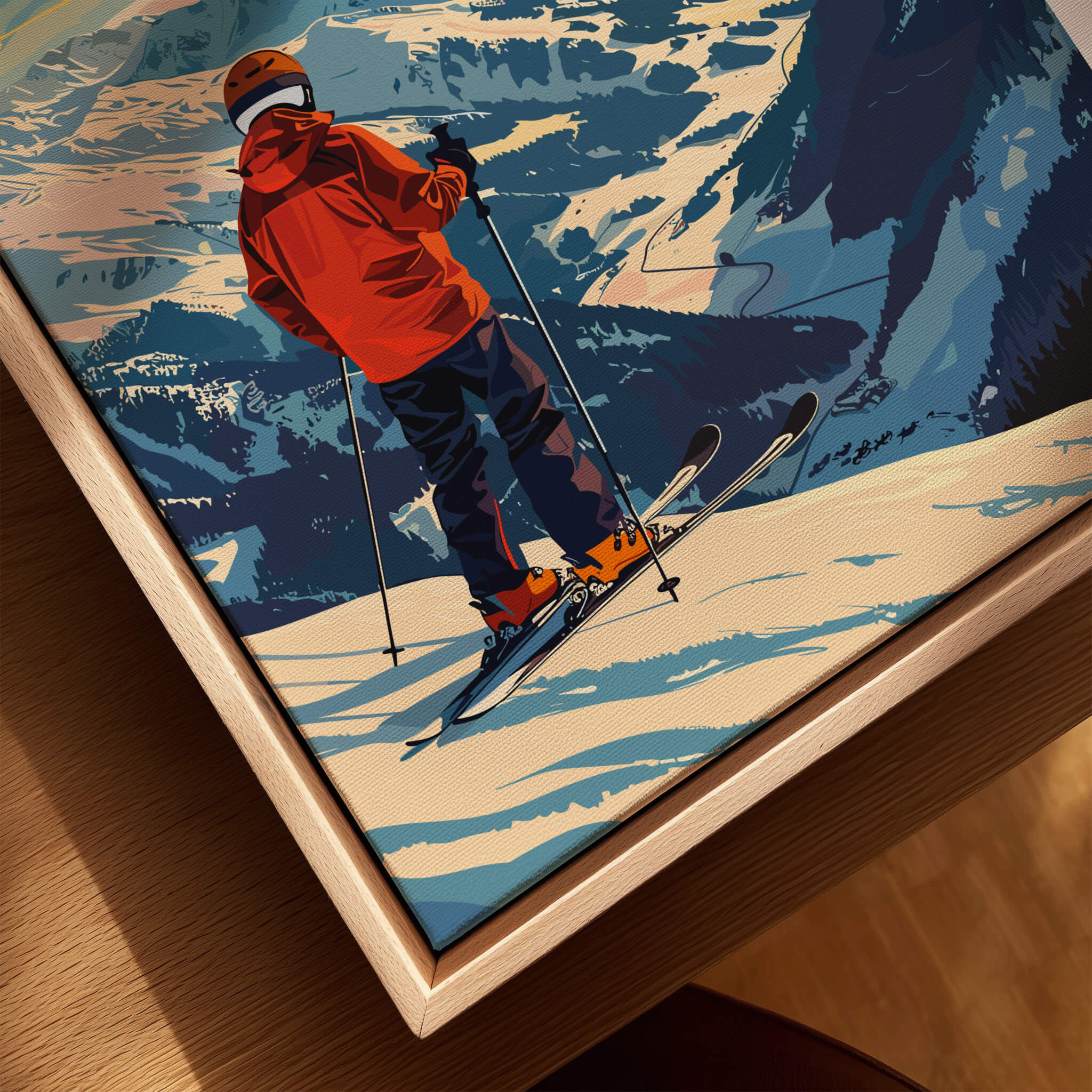 Saalbach Ski Poster- Austria showcasing a skier in a vibrant orange jacket against snowy mountains.