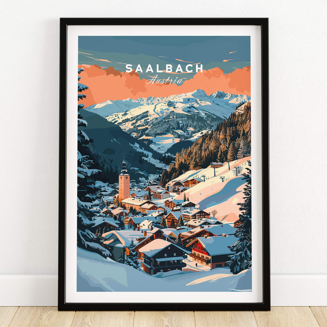 Saalbach Wall Art Print showcasing the stunning alpine village of Saalbach in winter scenery.