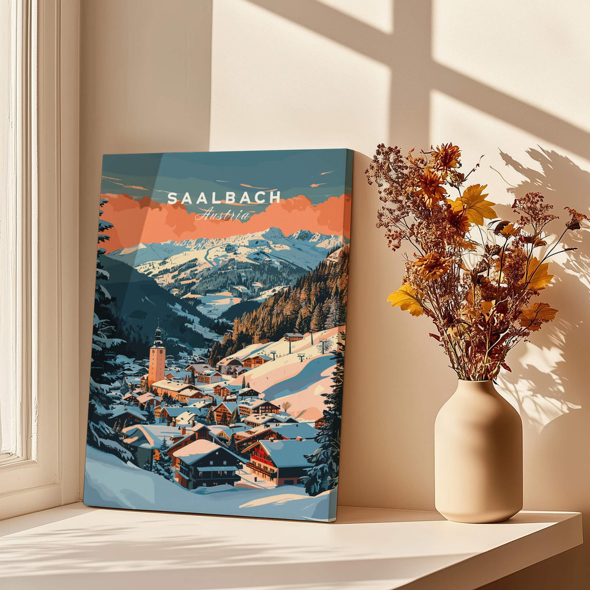 Saalbach Wall Art Print showcasing a picturesque alpine village in a winter scenery.