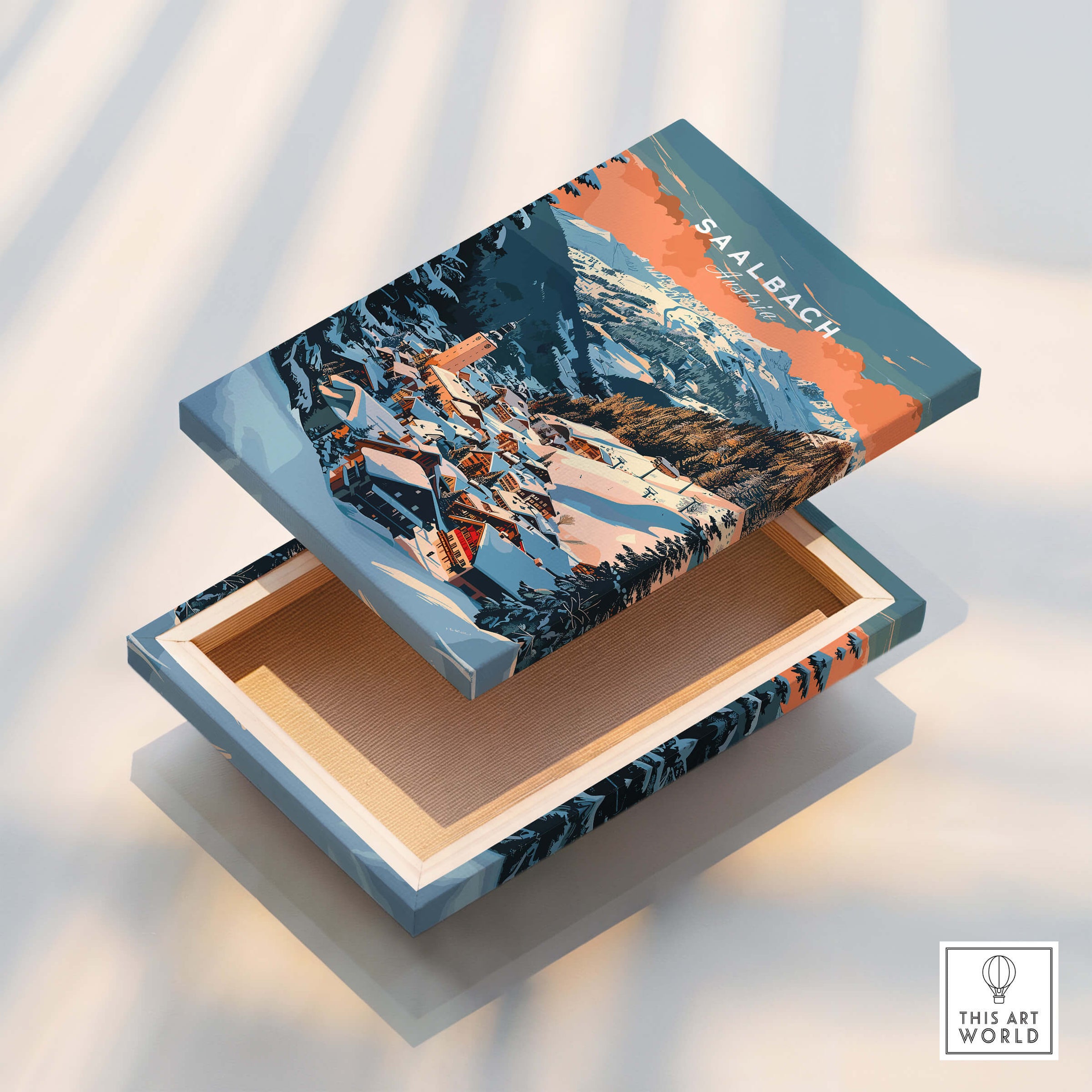 Saalbach Wall Art Print beautiful ski poster showcasing the stunning alpine village of Saalbach in vibrant colors.