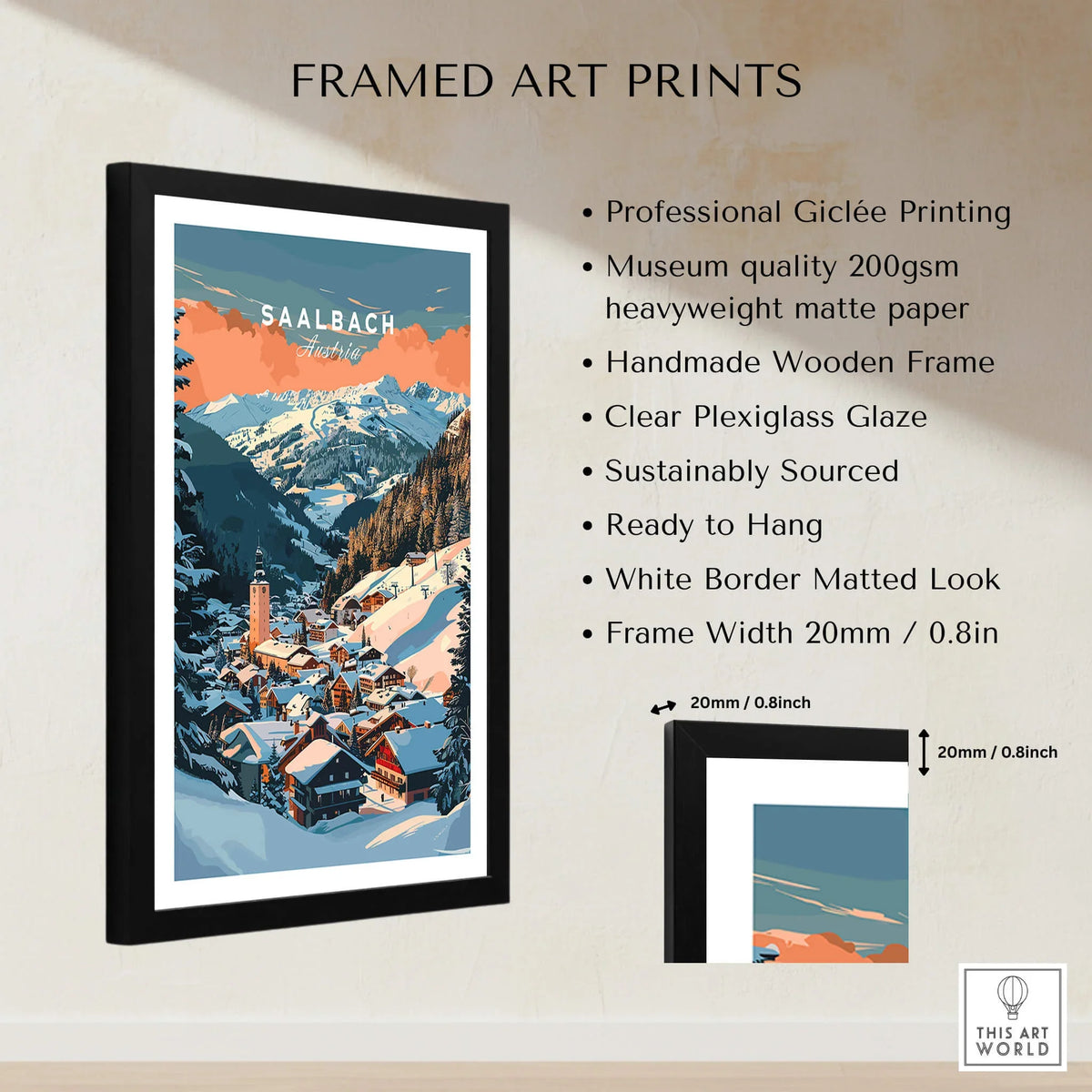 Saalbach Wall Art Print featuring a framed ski poster of the alpine village of Saalbach, perfect for home or office decor.