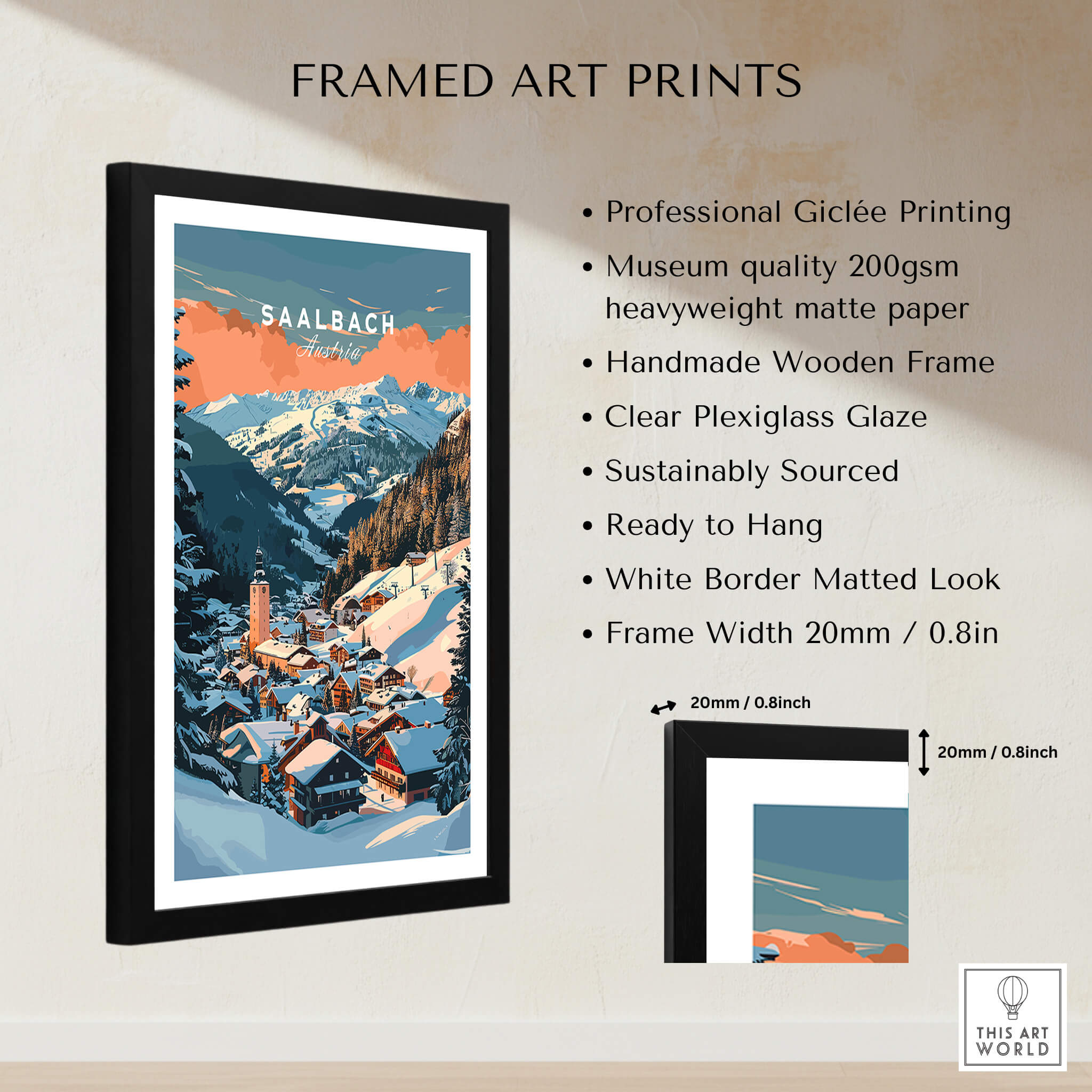 Saalbach Wall Art Print featuring a framed ski poster of the alpine village of Saalbach, perfect for home or office decor.