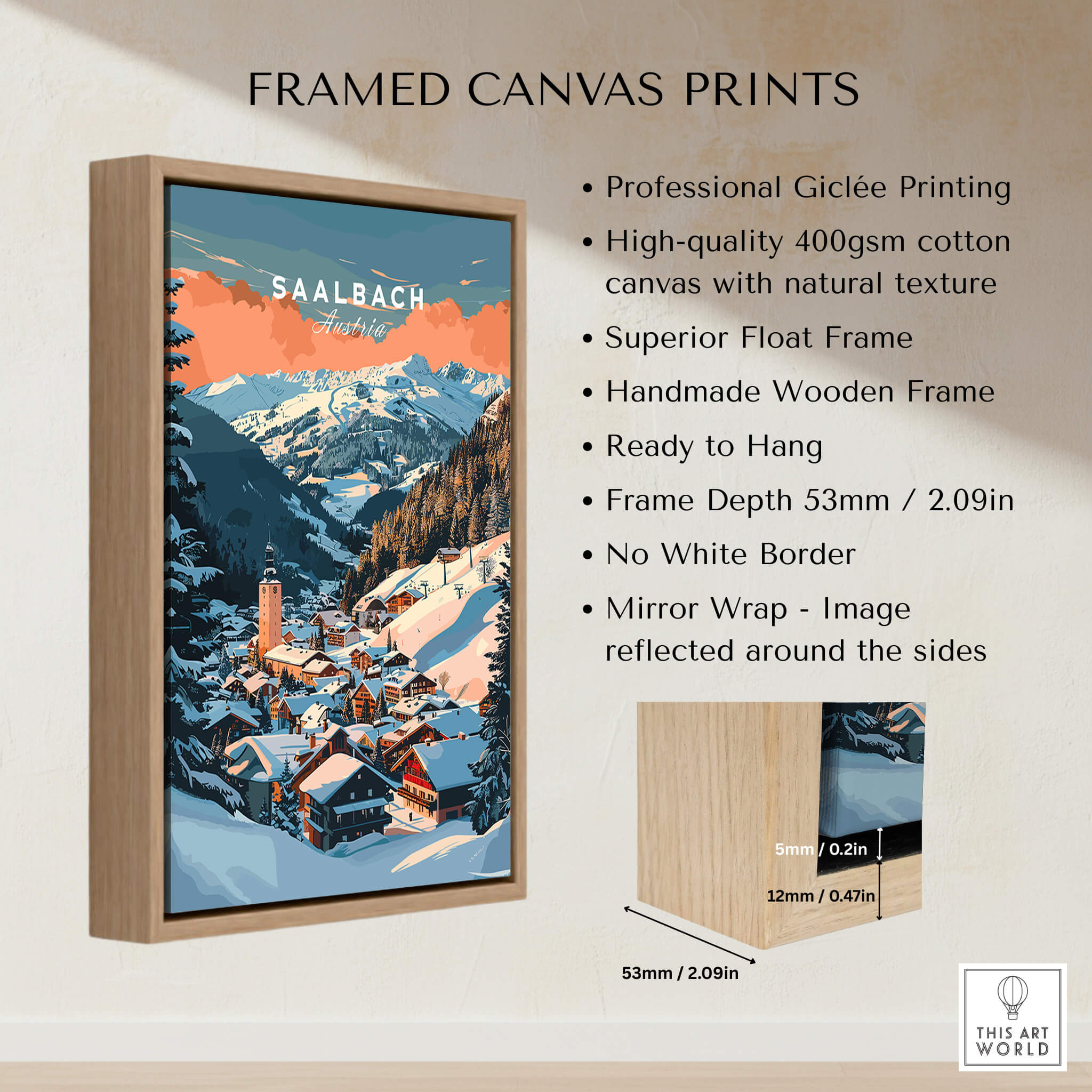 Saalbach Wall Art Print framed canvas featuring alpine village scenery ready to hang with high-quality Giclée printing.