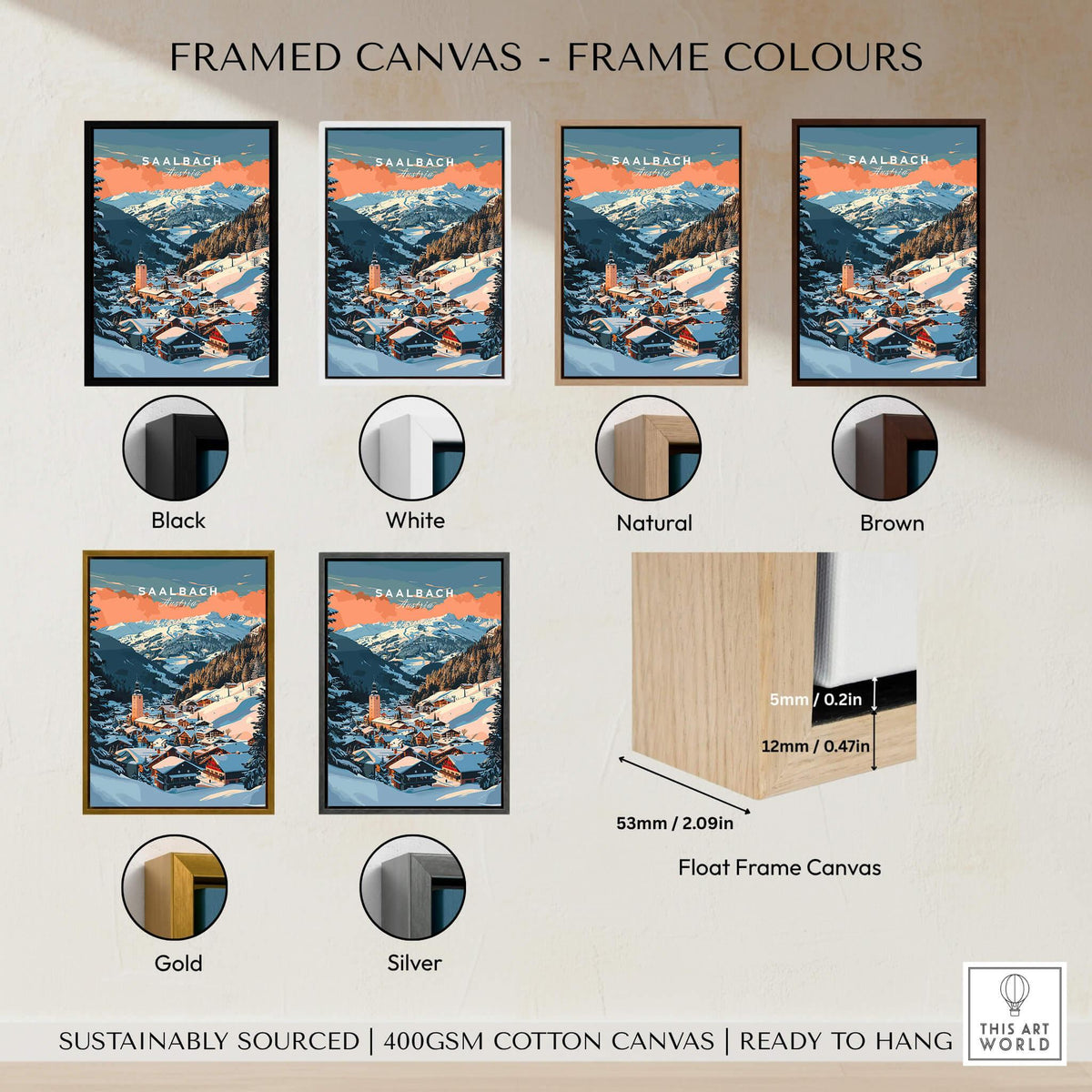 Saalbach Wall Art Print displayed in various frame colors: Black, White, Natural, Brown, Gold, Silver.