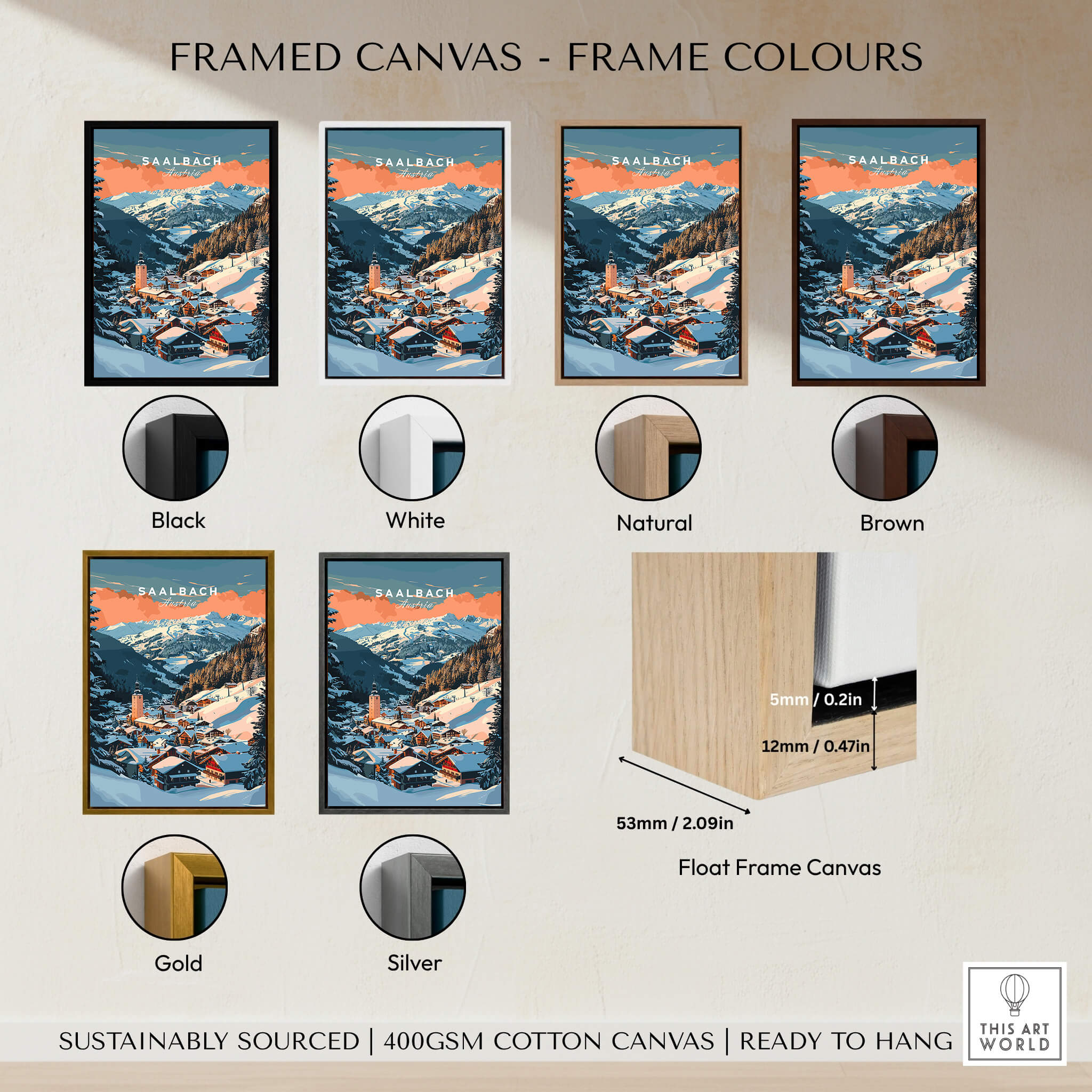 Saalbach Wall Art Print displayed in various frame colors: Black, White, Natural, Brown, Gold, Silver.