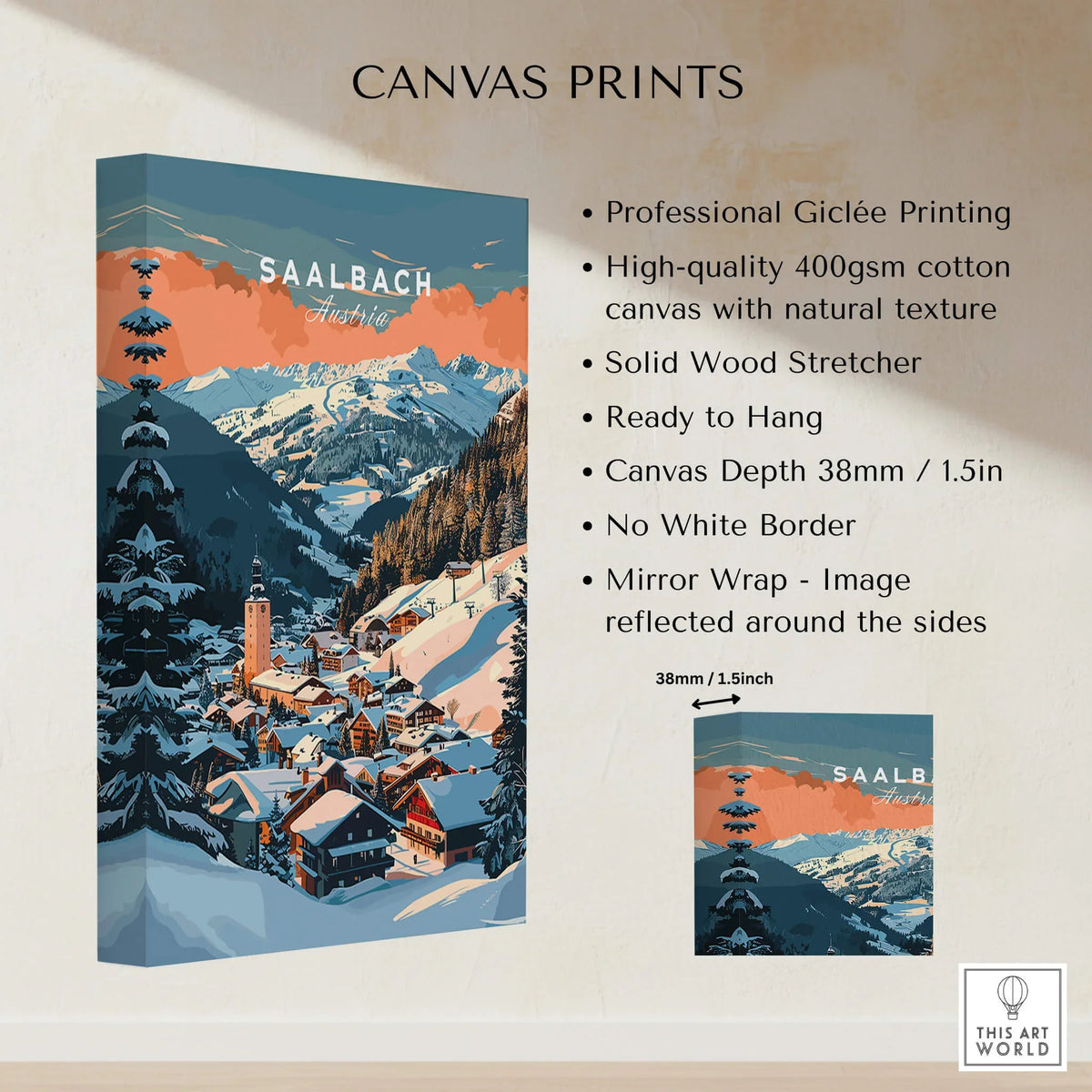 Saalbach Wall Art Print showcasing alpine village and ski scene, ready to hang on your wall.