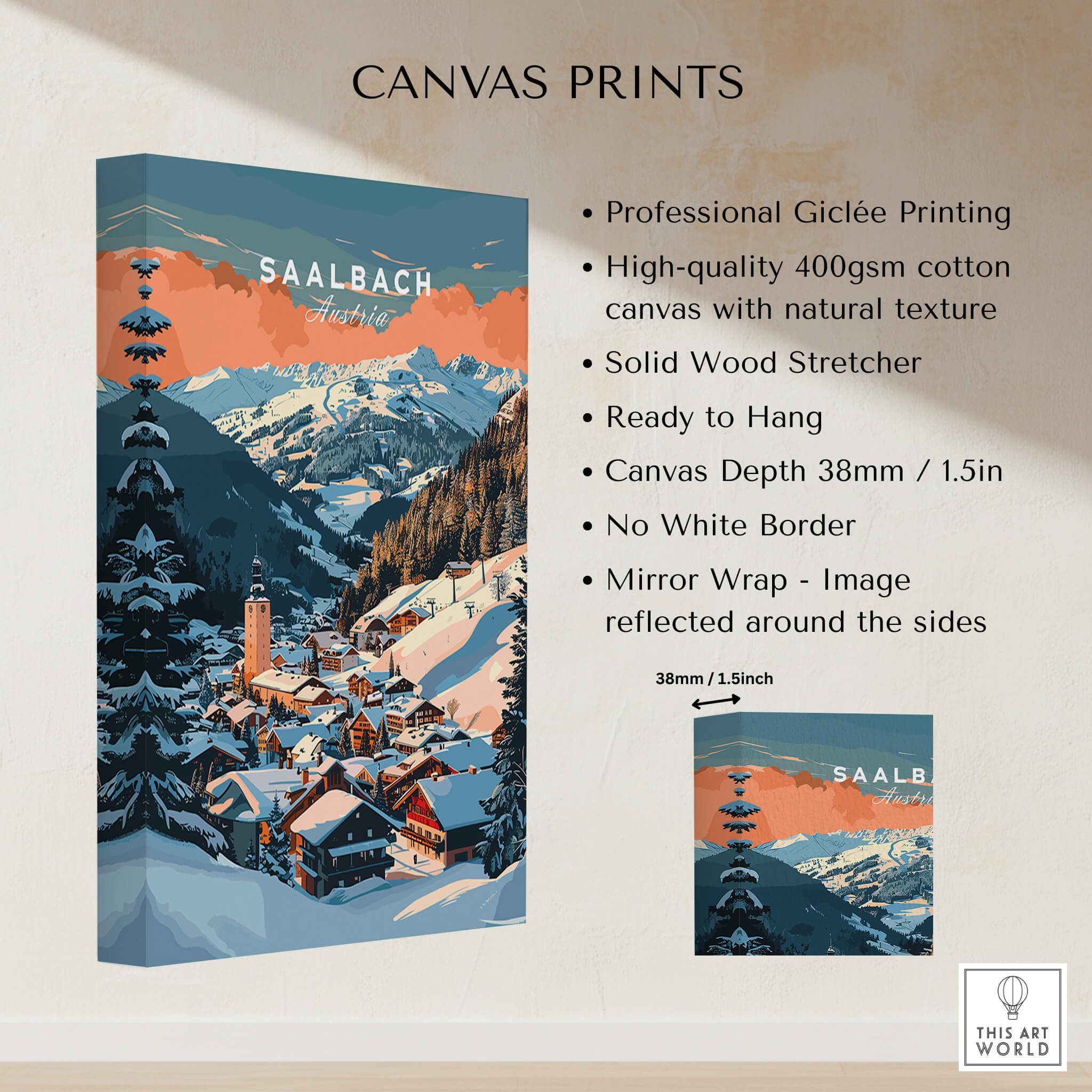 Saalbach Wall Art Print showcasing alpine village and ski scene, ready to hang on your wall.