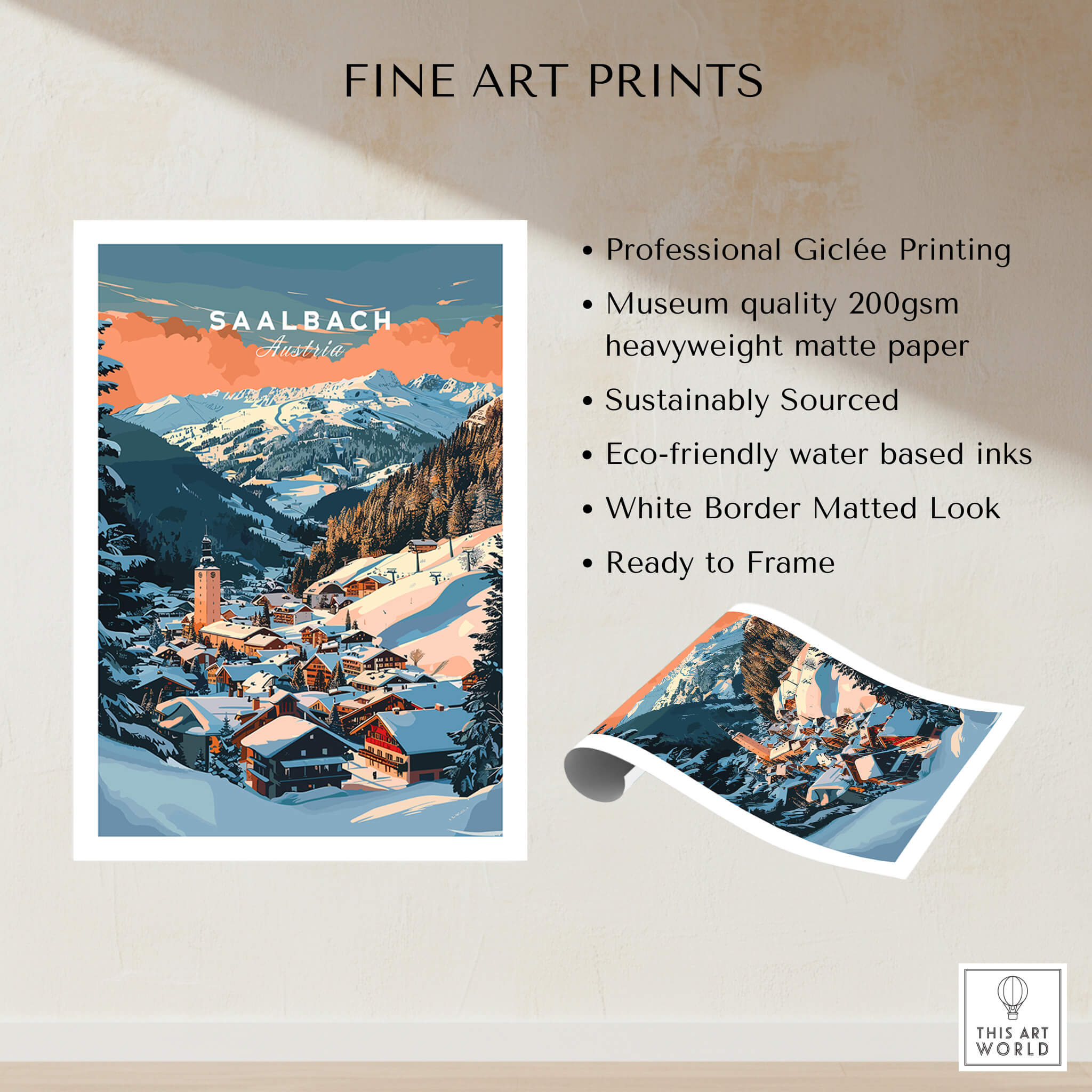 Saalbach Wall Art Print featuring a picturesque ski scene from Saalbach village in the Alps.