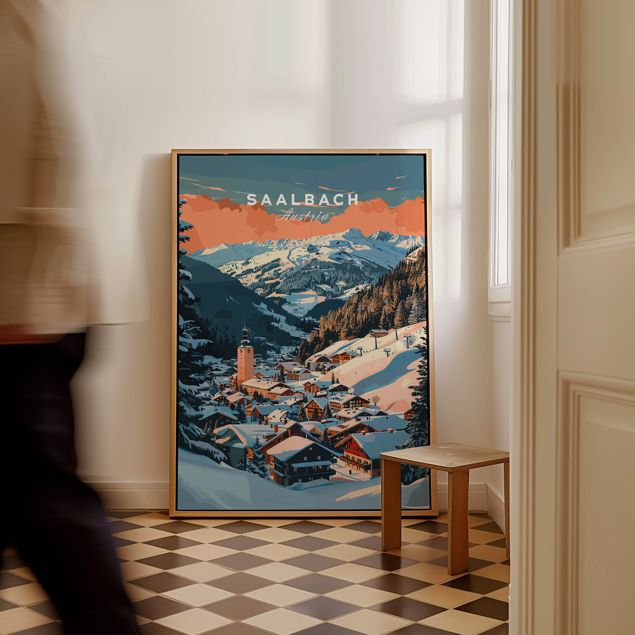 Saalbach Wall Art Print showcasing snowy alpine village and ski slopes in vibrant colors.