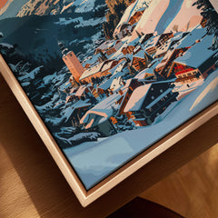 Saalbach Wall Art Print depicting a picturesque winter view of the alpine village of Saalbach with snow-covered rooftops.