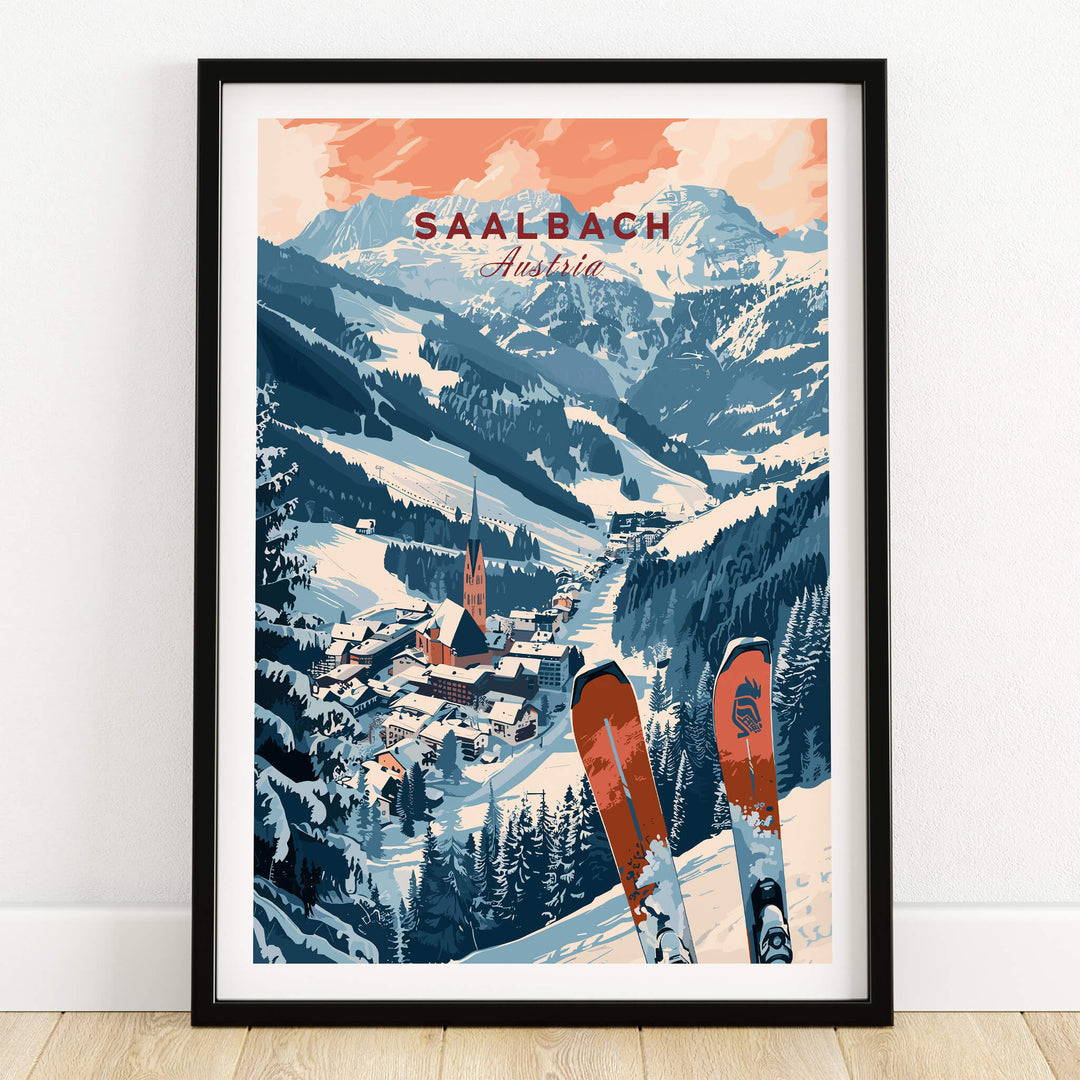 Saalbach Print Austria ski poster showcasing stunning mountains and a snowy village landscape.