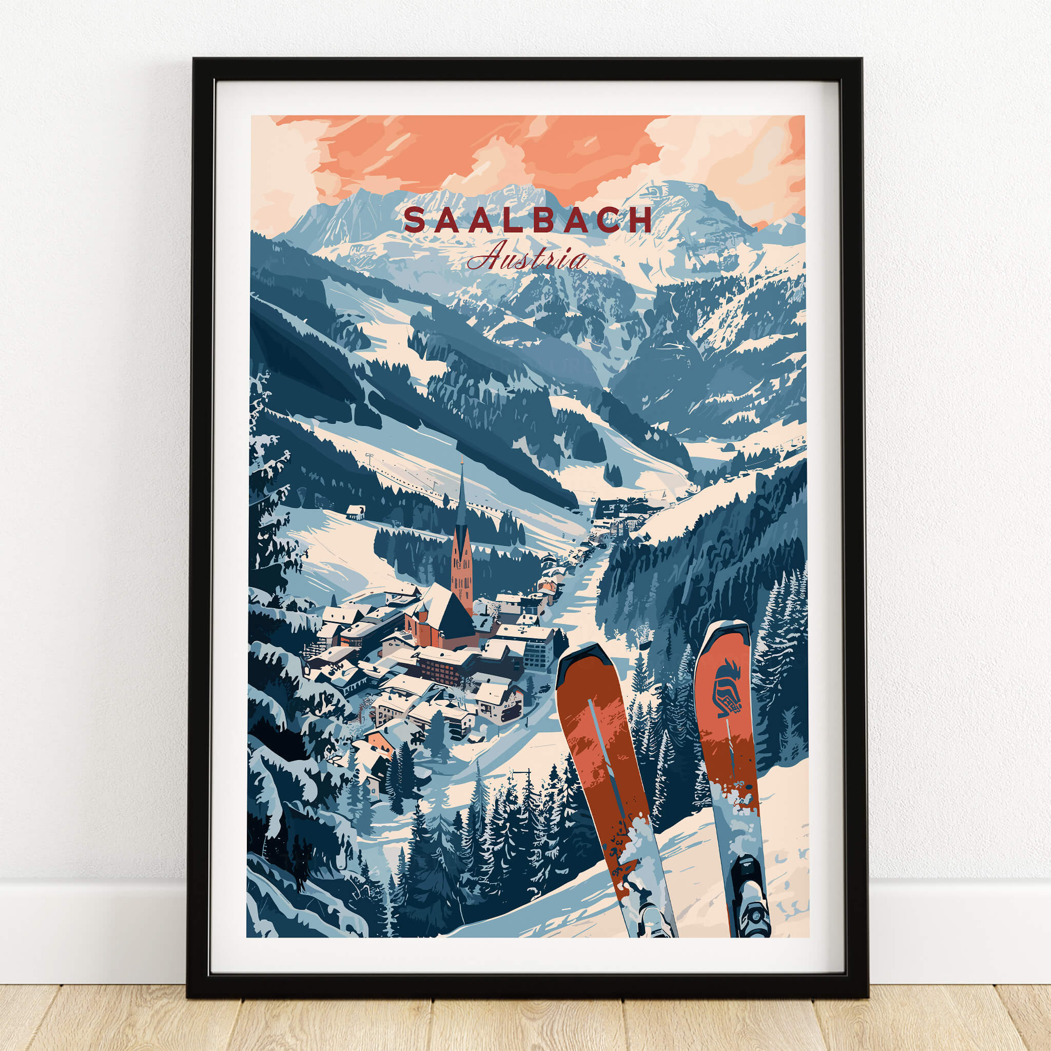 Saalbach Print Austria ski poster showcasing stunning mountains and a snowy village landscape.