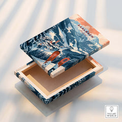 Saalbach Print Austria ski poster displayed on a wooden box showcasing snowy mountains and ski enthusiasts.