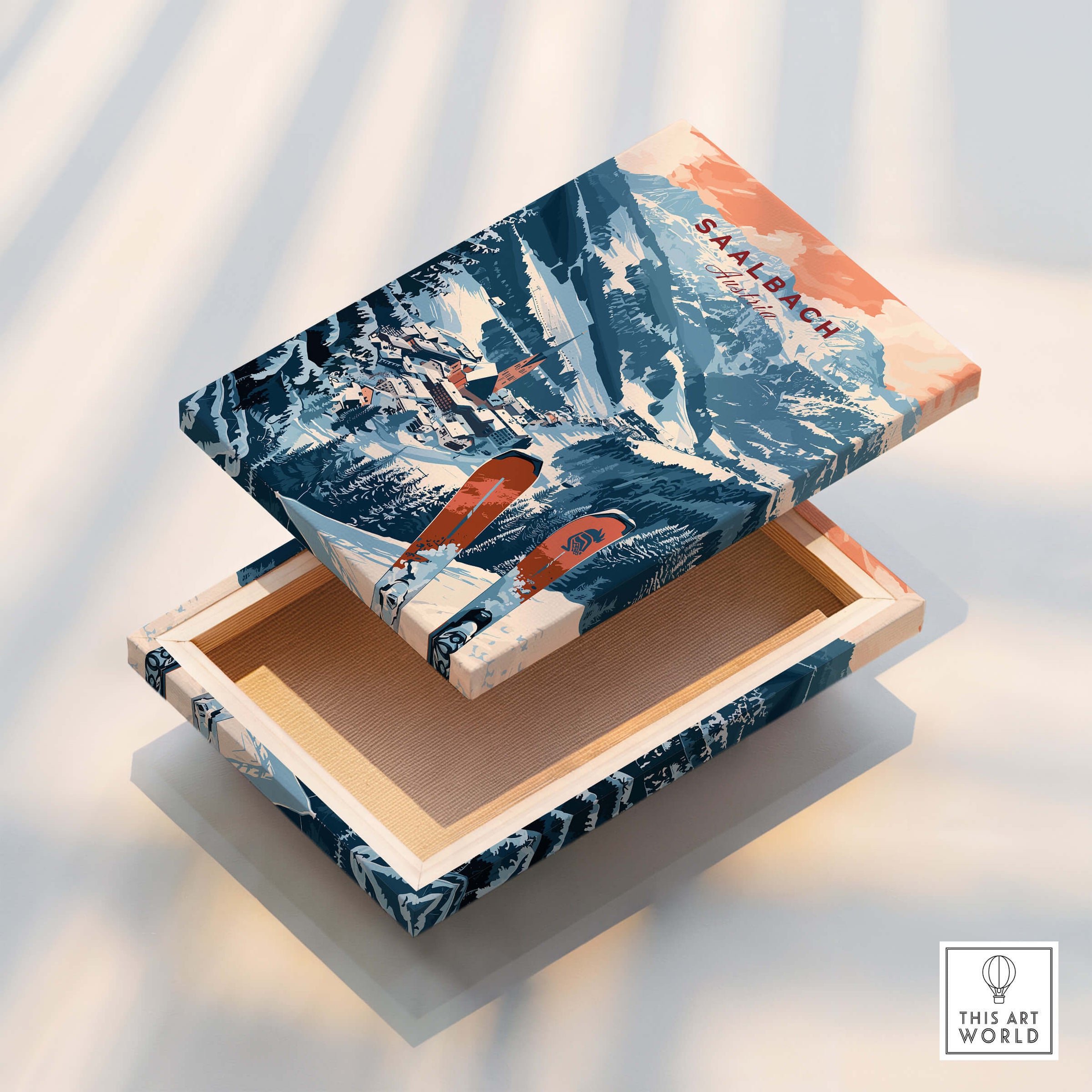 Saalbach Print Austria ski poster displayed on a wooden box showcasing snowy mountains and ski enthusiasts.