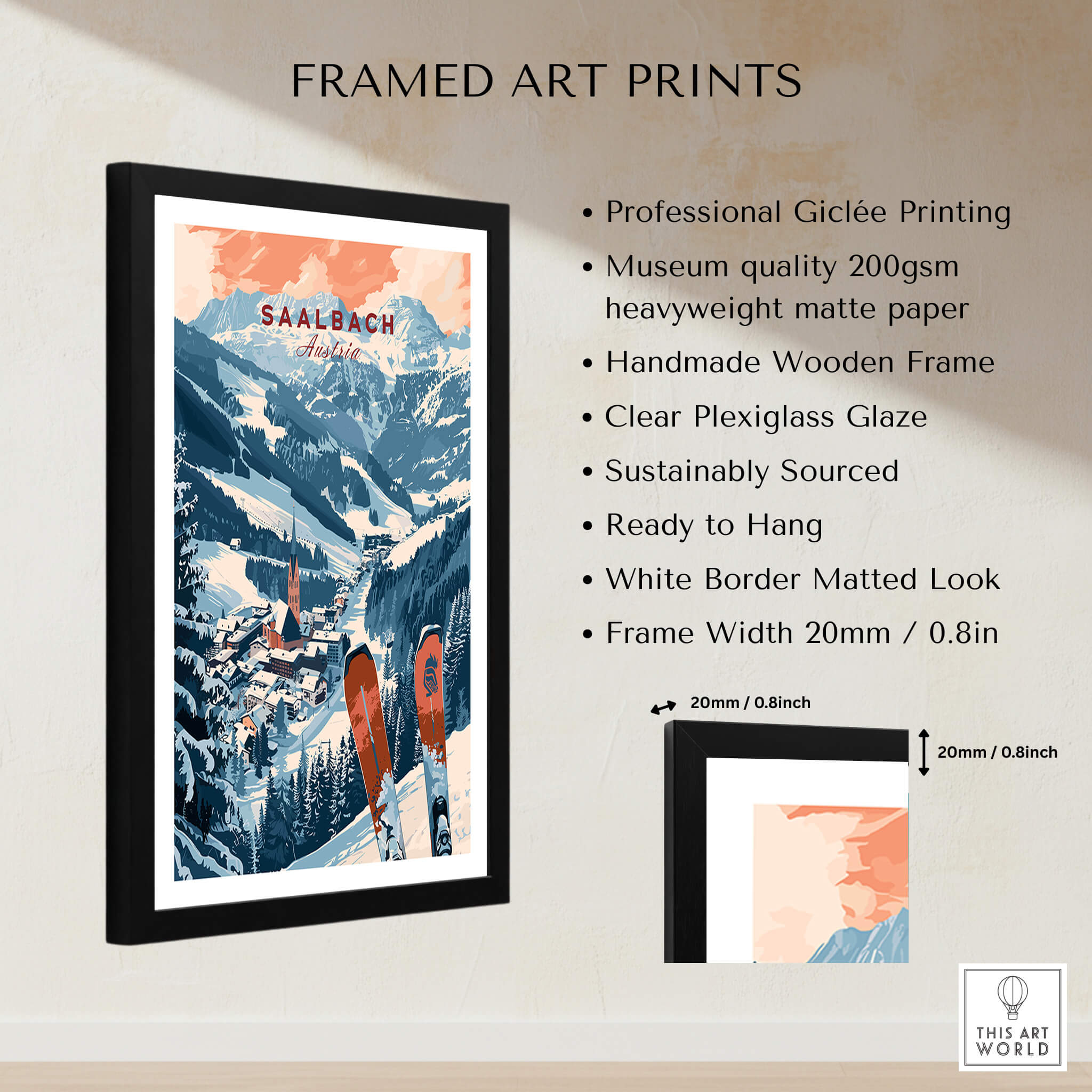 Saalbach Print Austria ski poster framed art print with professional Giclée printing and sustainable materials.