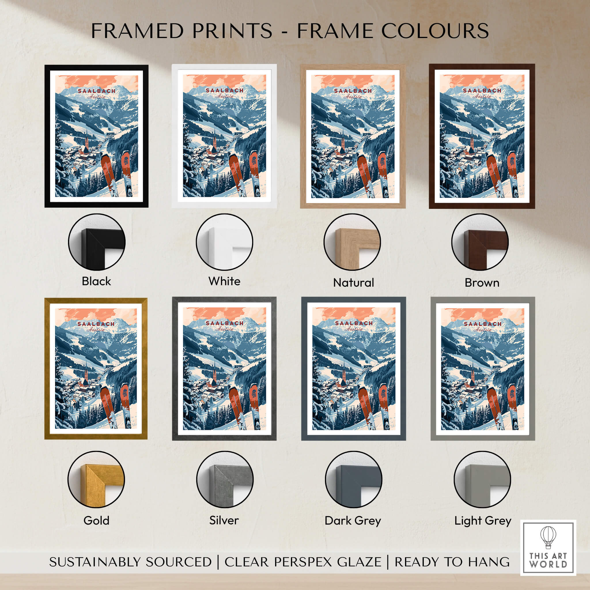 Saalbach Print Austria framed print options in various colors including black, white, natural, brown, gold, silver, dark grey, and light grey.