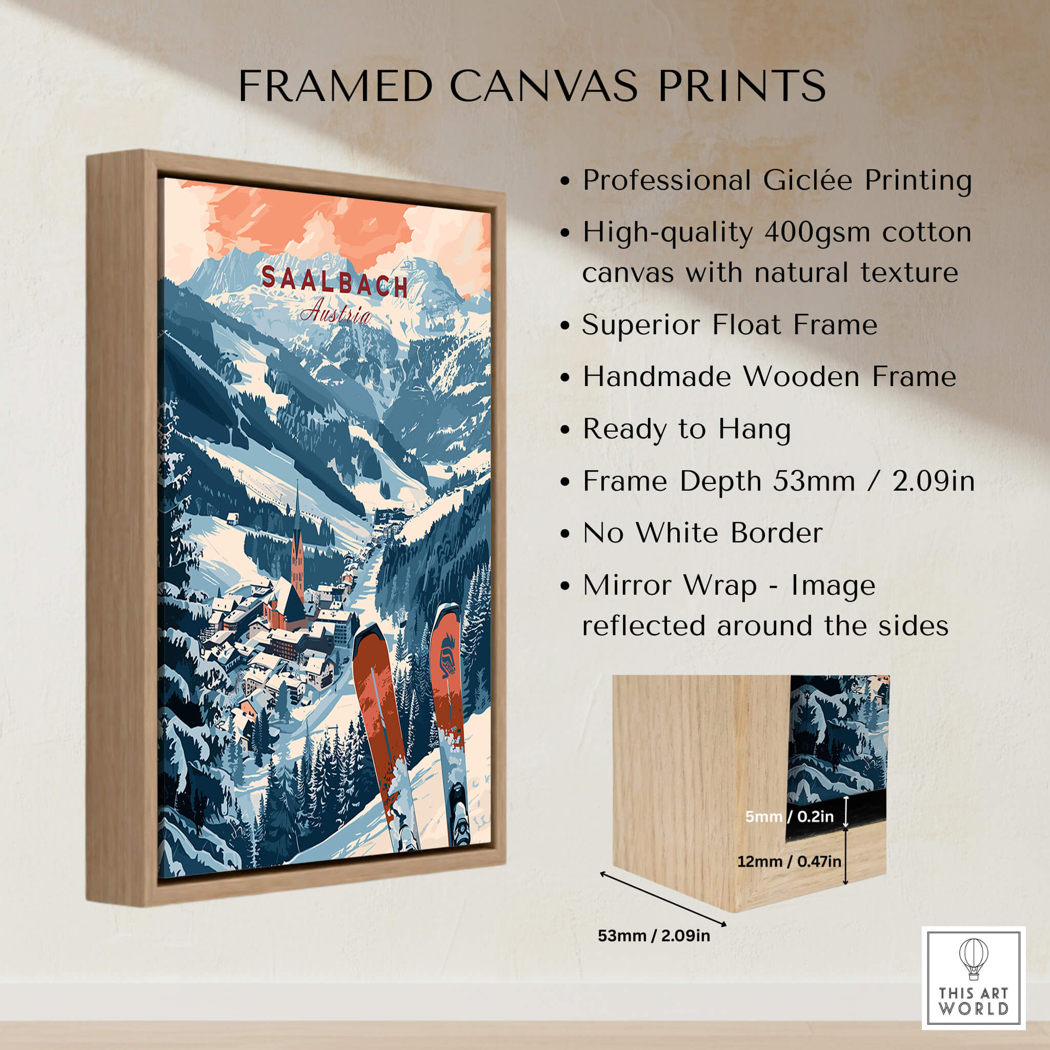 Saalbach Print Austria framed canvas art showcasing beautiful snowy landscape and ski slopes.