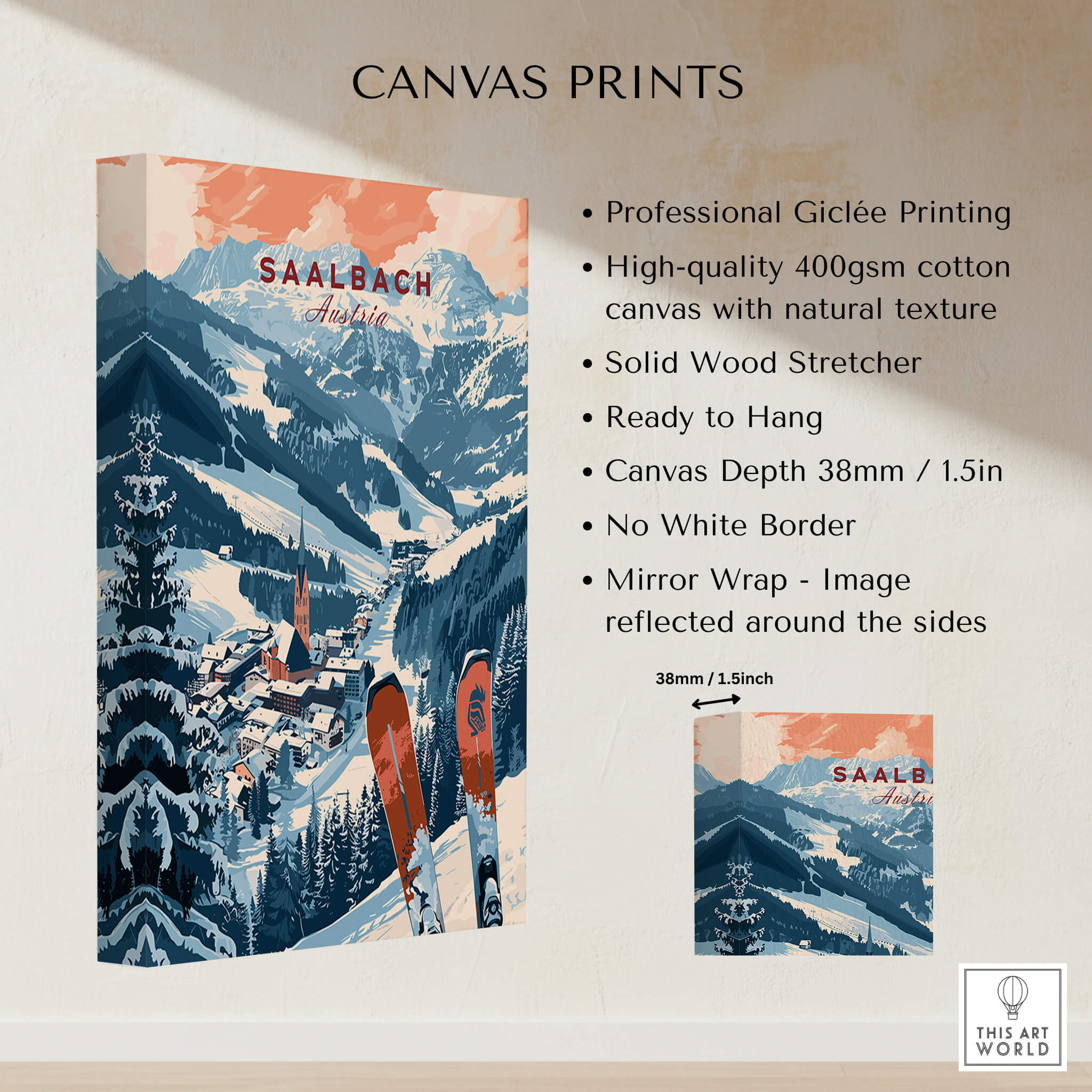 Saalbach Print Austria canvas print showcasing snowy mountains and ski slopes, ready to hang for ski enthusiasts.