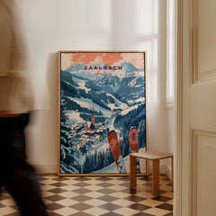 Saalbach Print Austria ski poster showcasing snowy mountains and ski slopes in a stylish interior setting.