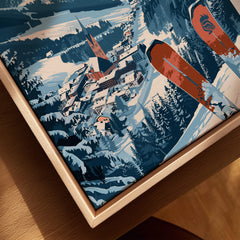 Saalbach Print Austria ski poster showcasing a snowy village and skiing in the Alps, perfect for ski enthusiasts.