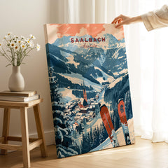Saalbach Print Austria vibrant ski poster showcasing snowy mountains and a charming village, perfect for ski enthusiasts.