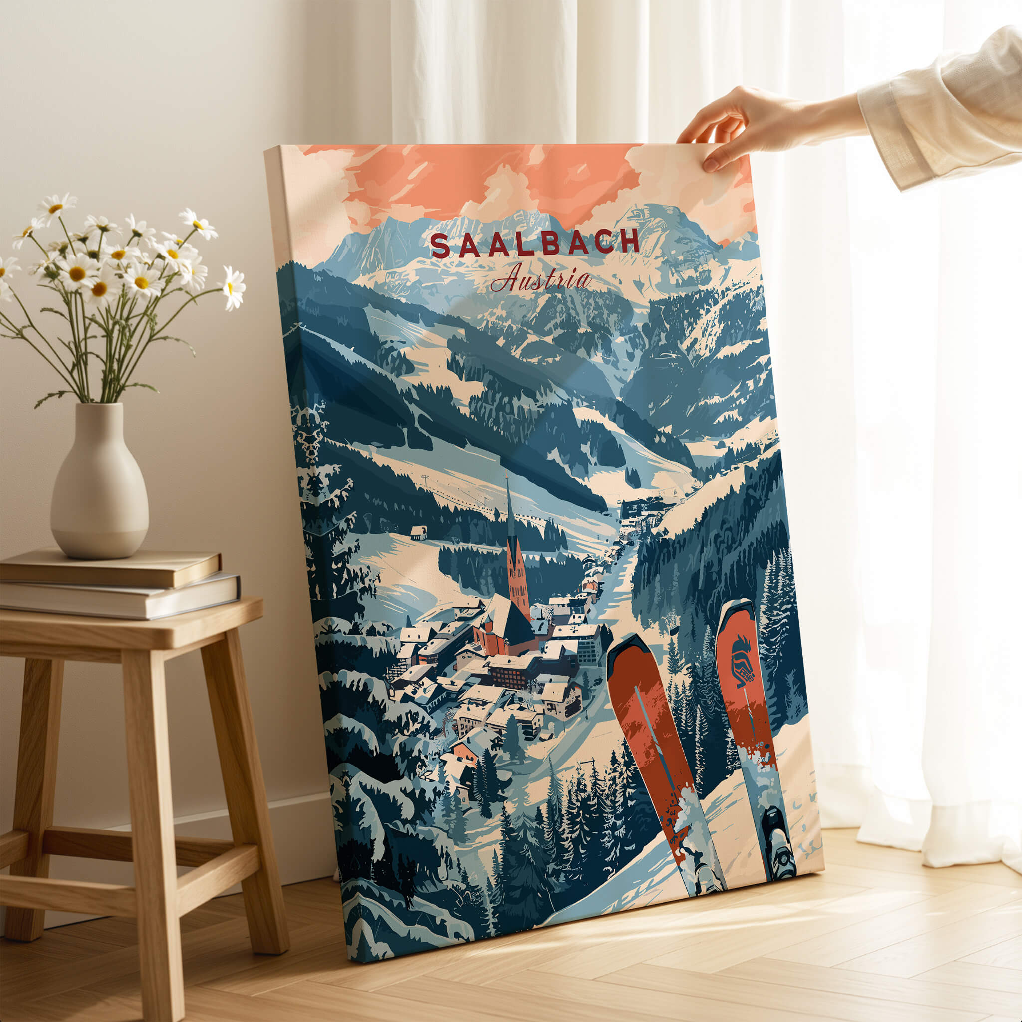 Saalbach Print Austria vibrant ski poster showcasing snowy mountains and a charming village, perfect for ski enthusiasts.